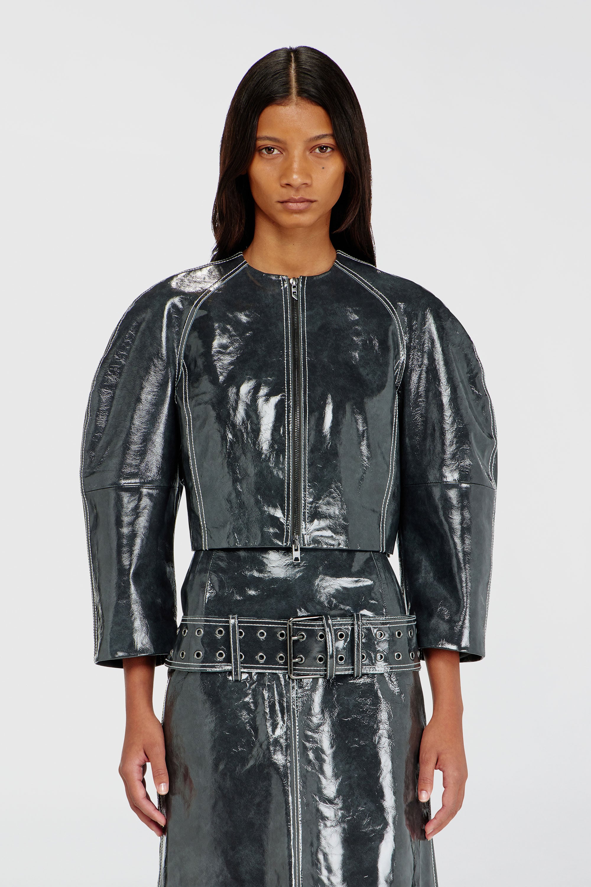 Diesel - L-ANDON, Veste en cuir verni &agrave; manches cocon Femme in Gris - 1