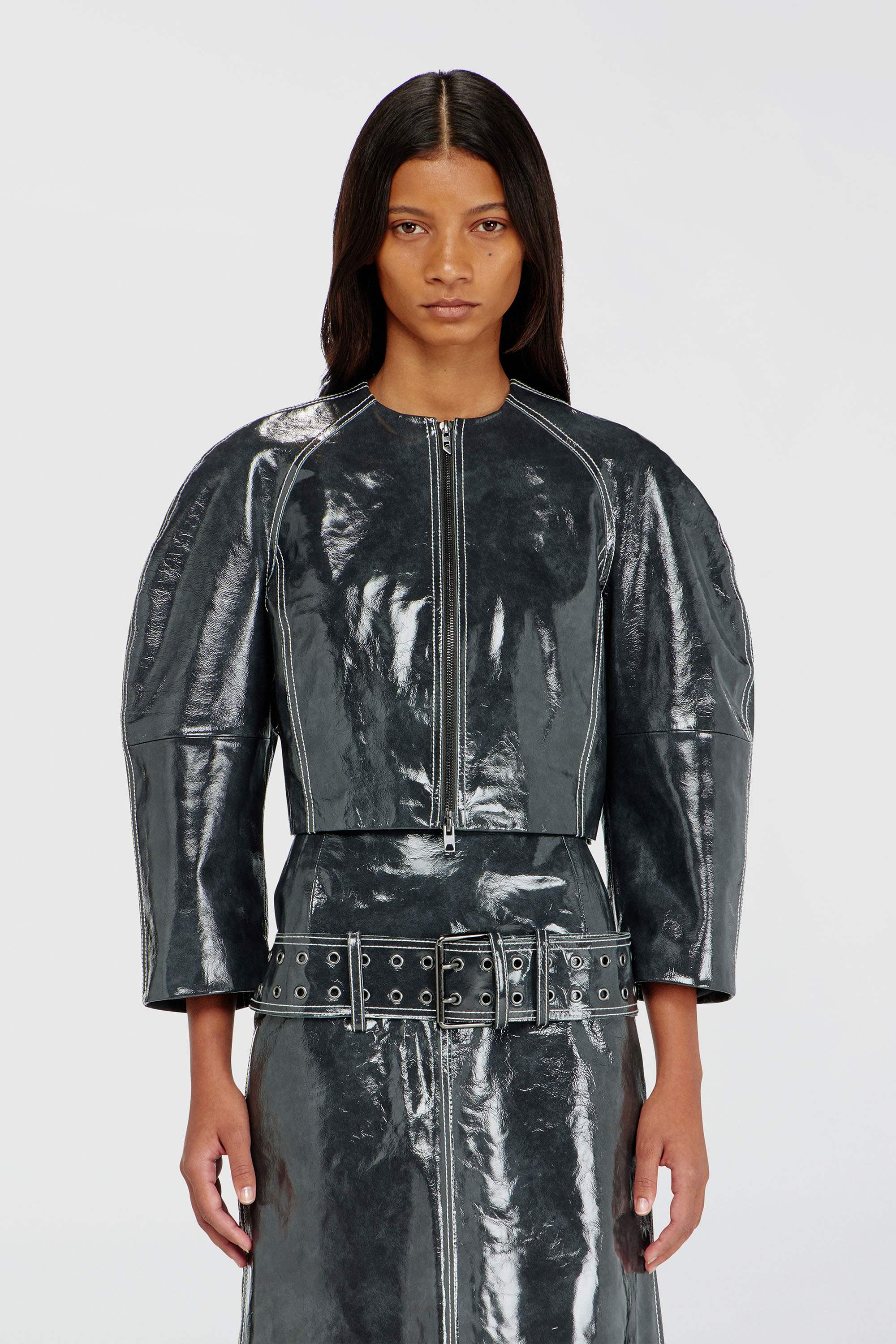 Diesel - L-ANDON, Veste en cuir verni &agrave; manches cocon Femme in Gris - 3