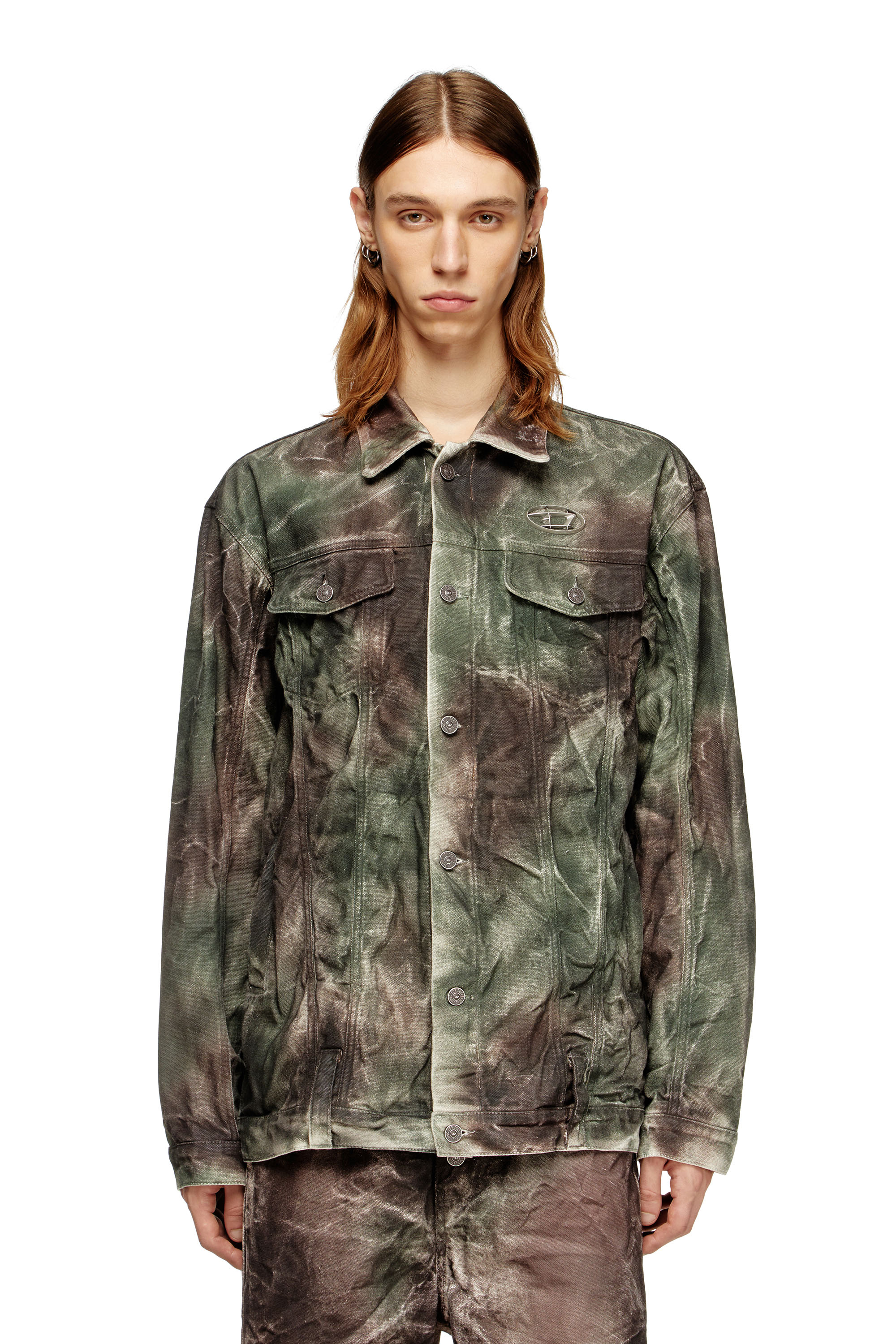 Diesel - J-THUG-JKT, Unisex Trucker-Jacke aus zerknittertem Camouflage-Canvas in Braun/Grün - 3