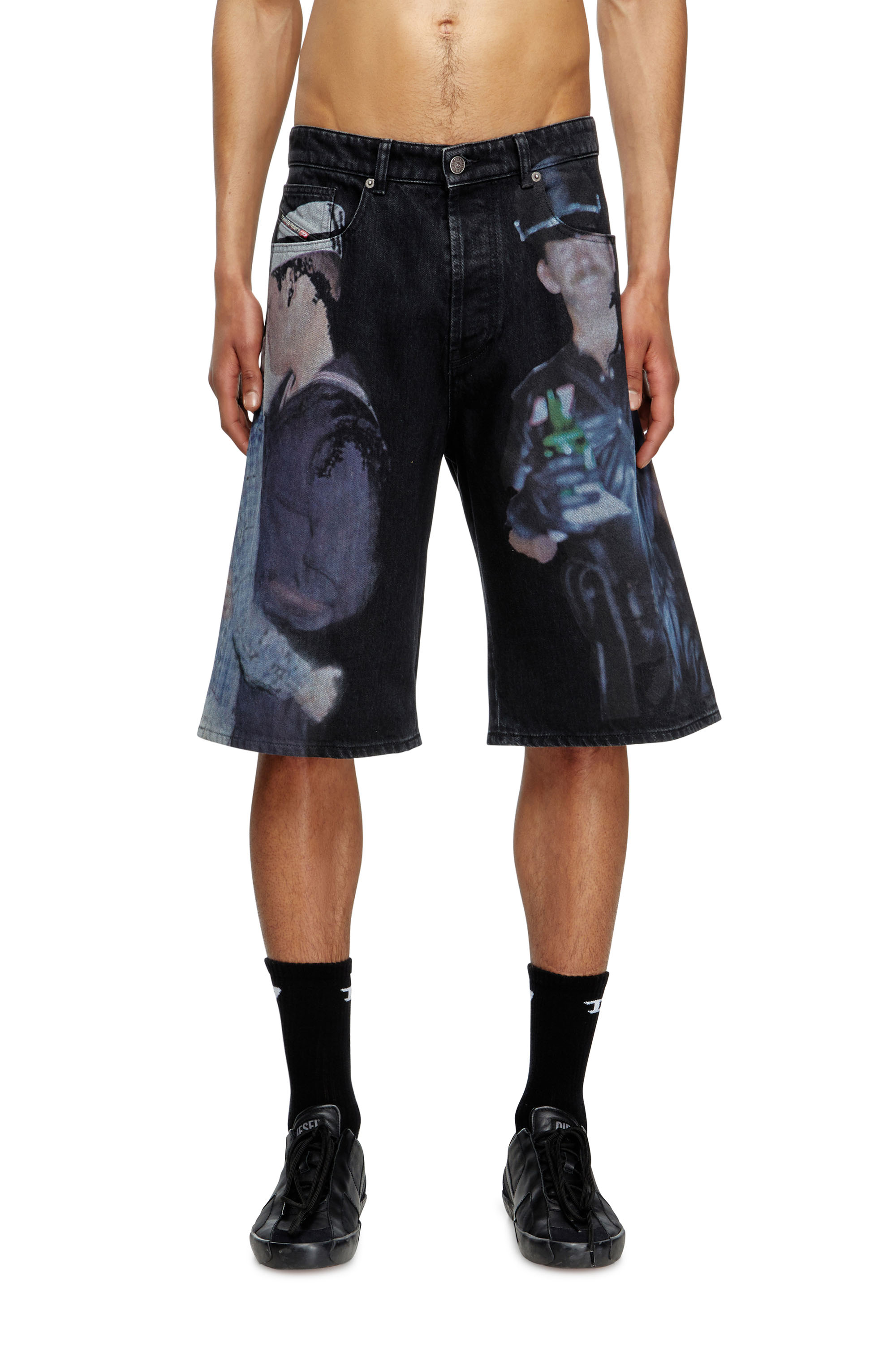 Diesel - PR-D-RIXFORD-S, Unisex Denim-Shorts mit mehrfarbigem Print in Schwarz - 1