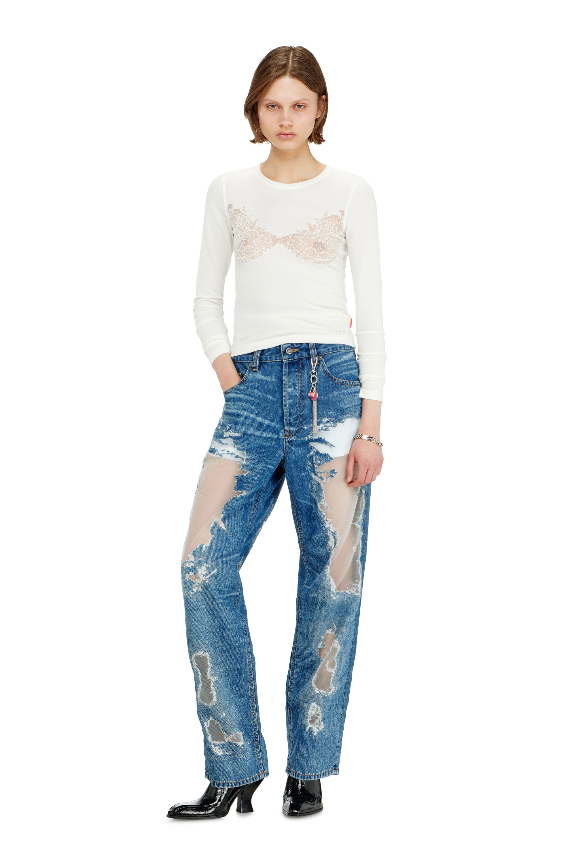 Diesel - PR-T-MOKKI-LS-R, Top con effetto pizzo devor&eacute; Donna in Bianco - 1