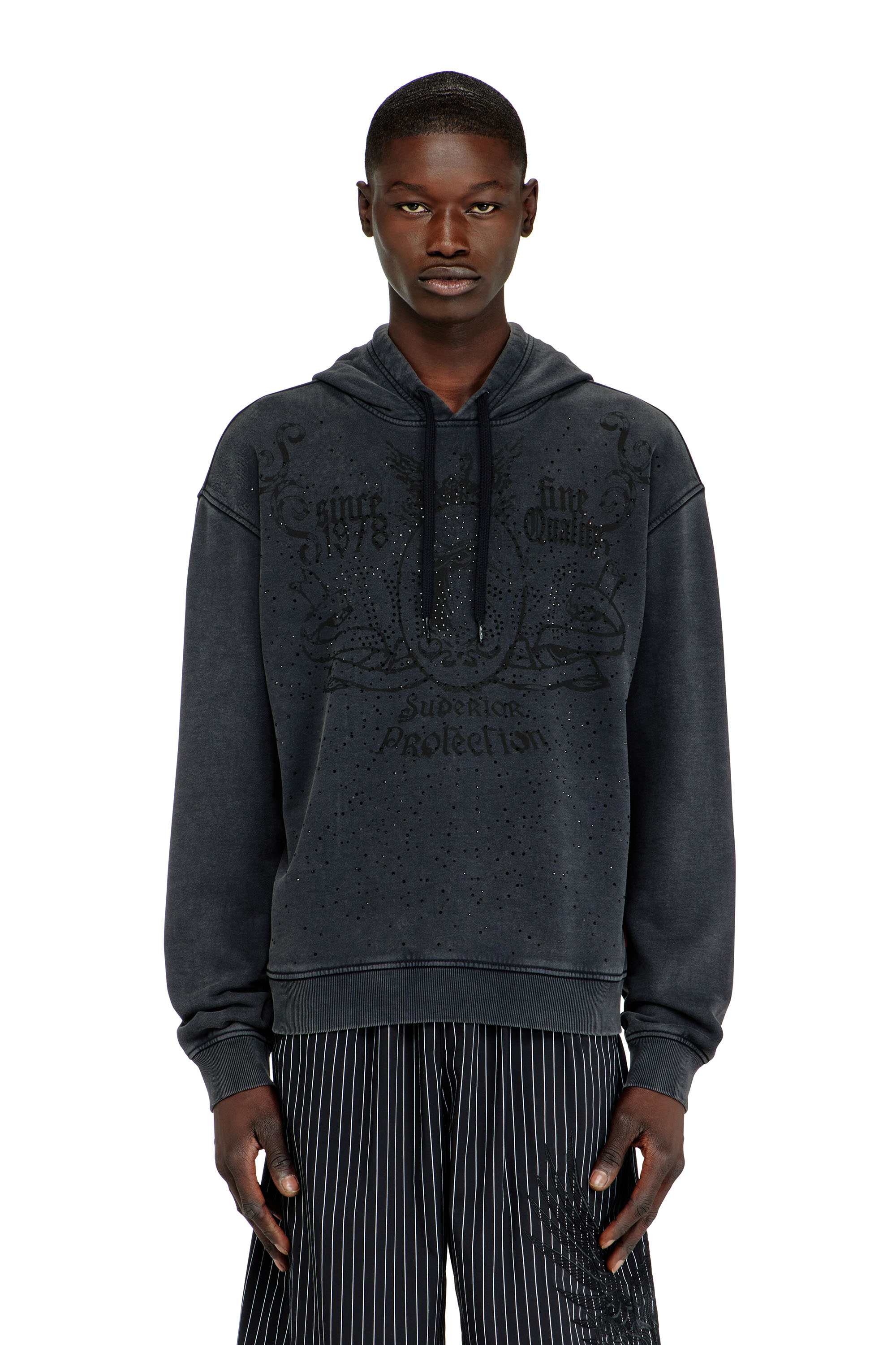 Diesel - S-NORM-HOOD-AA3, Sweat &agrave; capuche imprim&eacute; avec clous strass Homme in Gris - 1