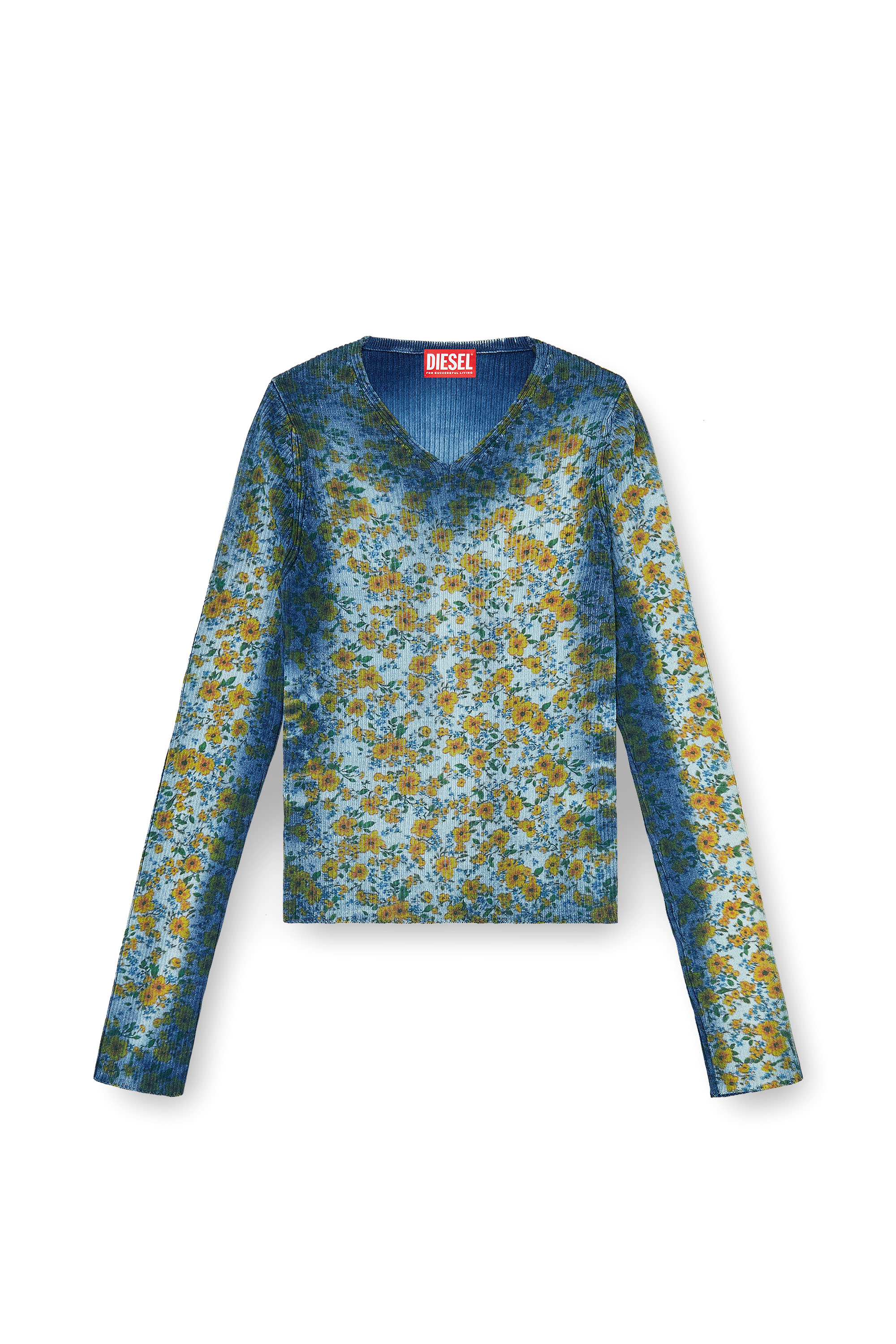 Diesel - M-EGE, Damen Rippenstrick-Top mit Blumenmuster im R&ouml;ntgen-Effekt in Blau - 1