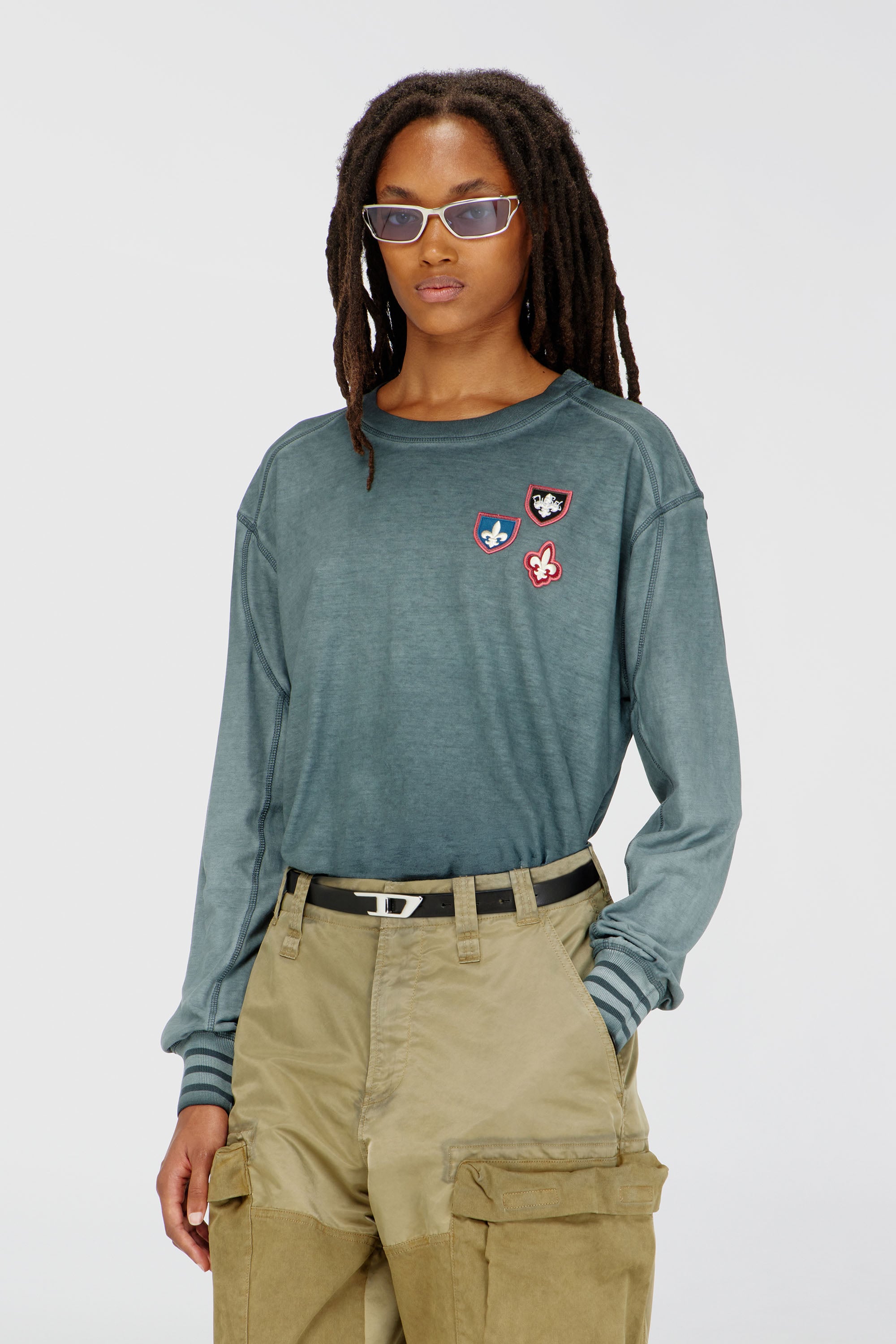 Diesel - T-BAWYE-LS, T-shirt con patch e inserti microwaffle Donna in Verde - 1