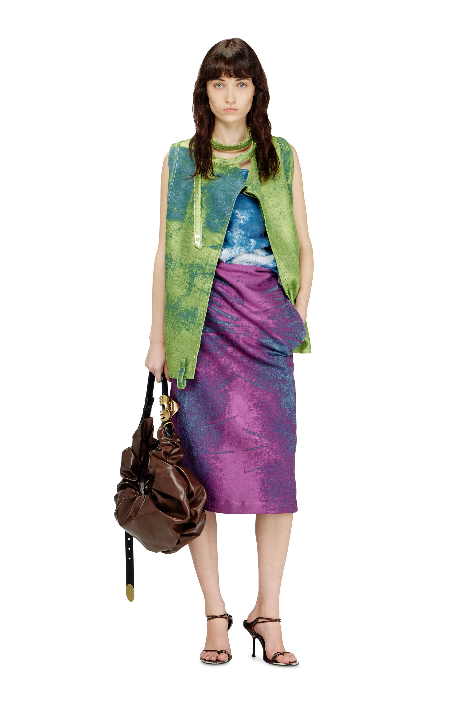 Diesel - DE-SIRA-FSI, Jupe &agrave; demi-longueur en denim satin color&eacute; Femme in Violet - 2