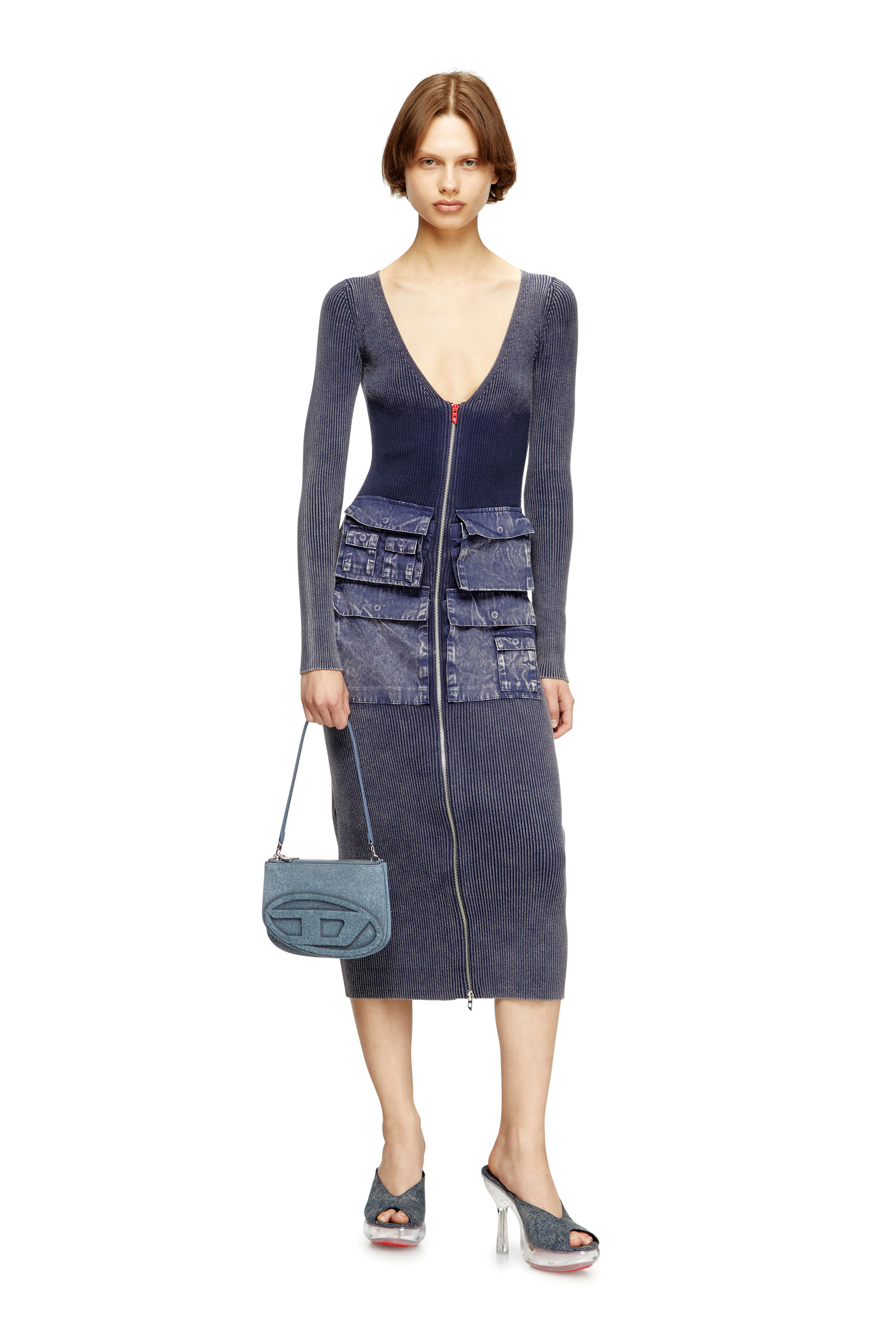 Diesel - M-MELTI-LS, Abito midi a costine effetto denim Donna in Blu - 1