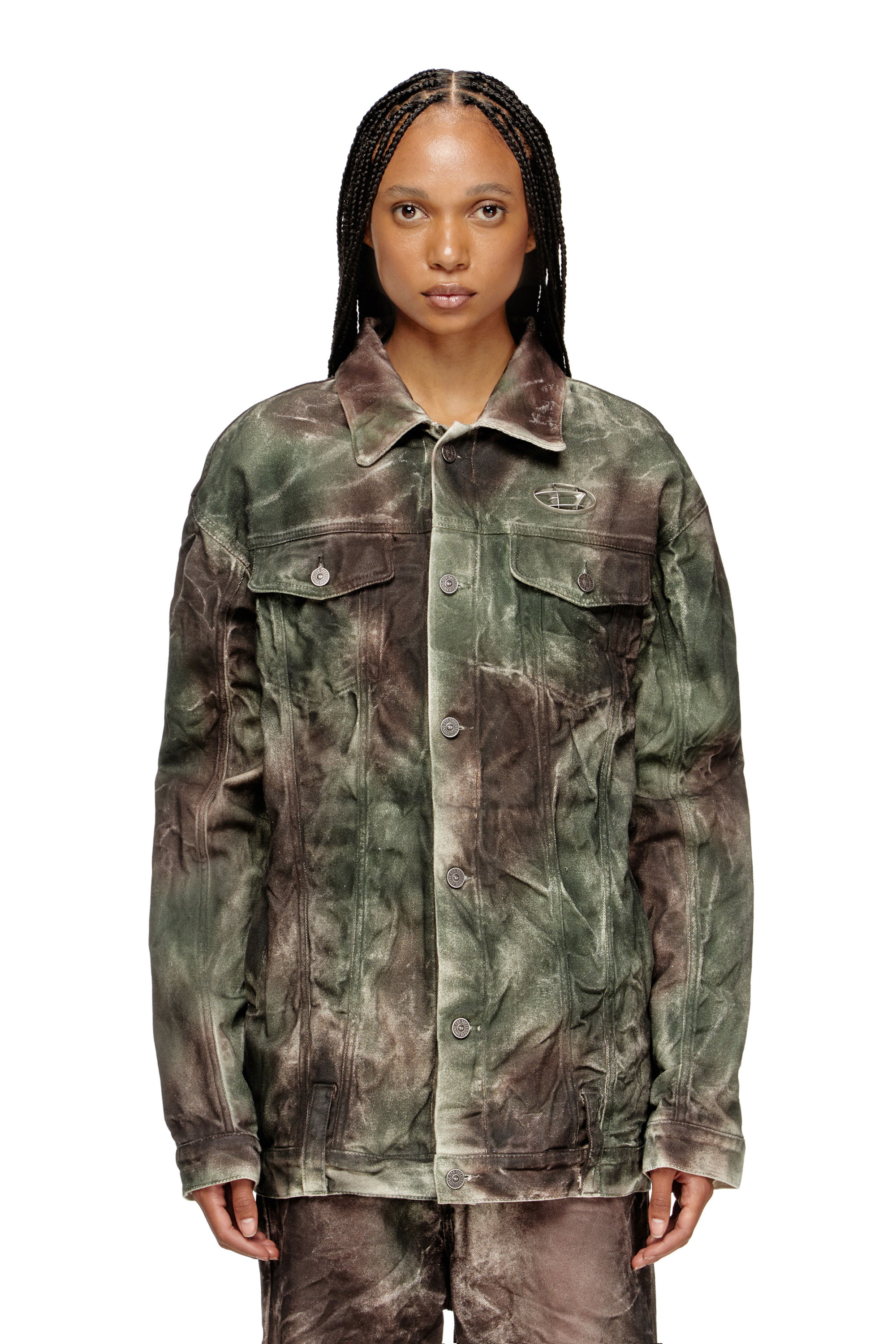 Diesel - J-THUG-JKT, Unisex Trucker-Jacke aus zerknittertem Camouflage-Canvas in Braun/Grün - 6