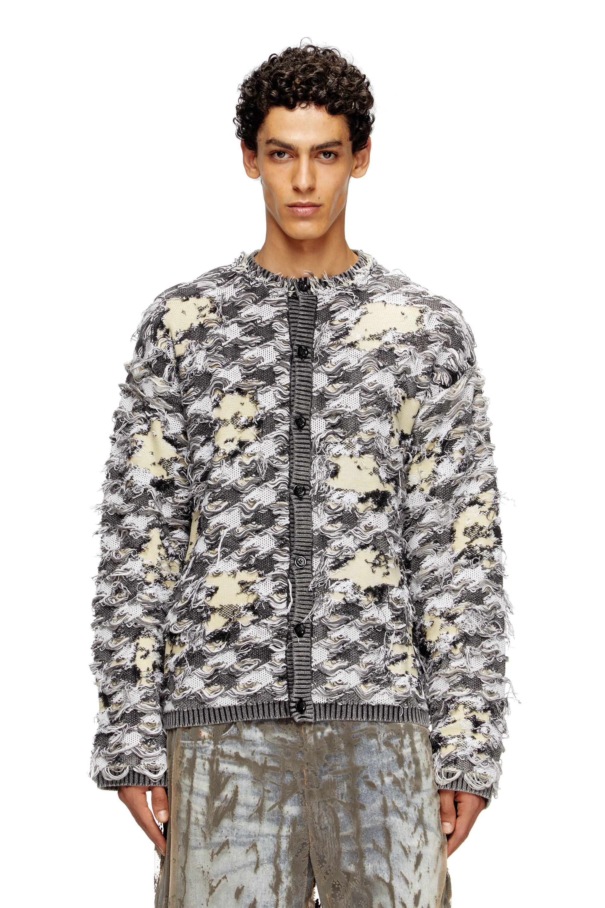Diesel - K-VALBOR, Herren Strickjacke aus Dévoré-Hahnentritt-Jacquard in Grau/Weiss - 1
