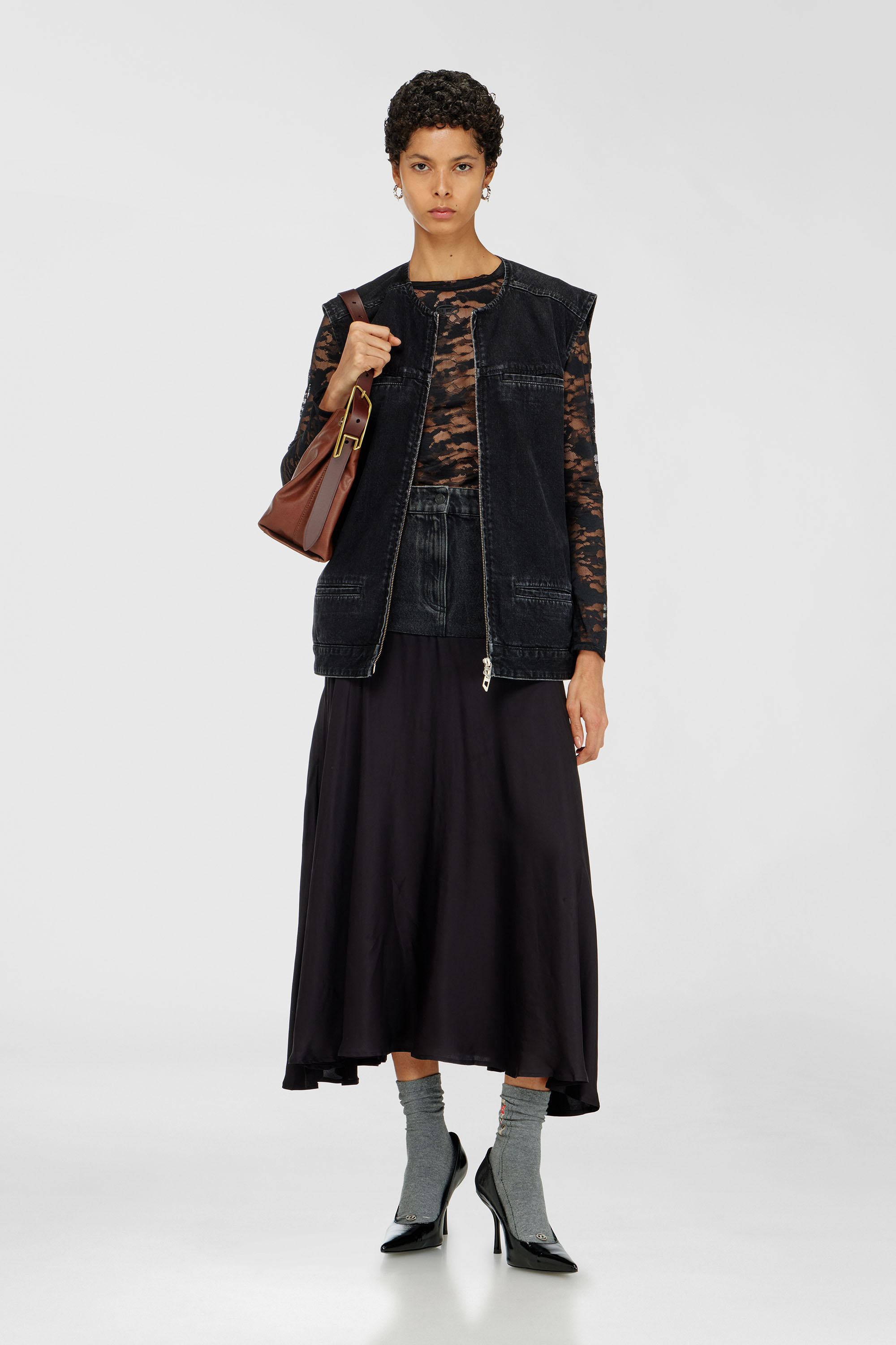 Diesel - O-RIONE, Jupe midi &agrave; empi&egrave;cements denim-satin Femme in Noir - 1