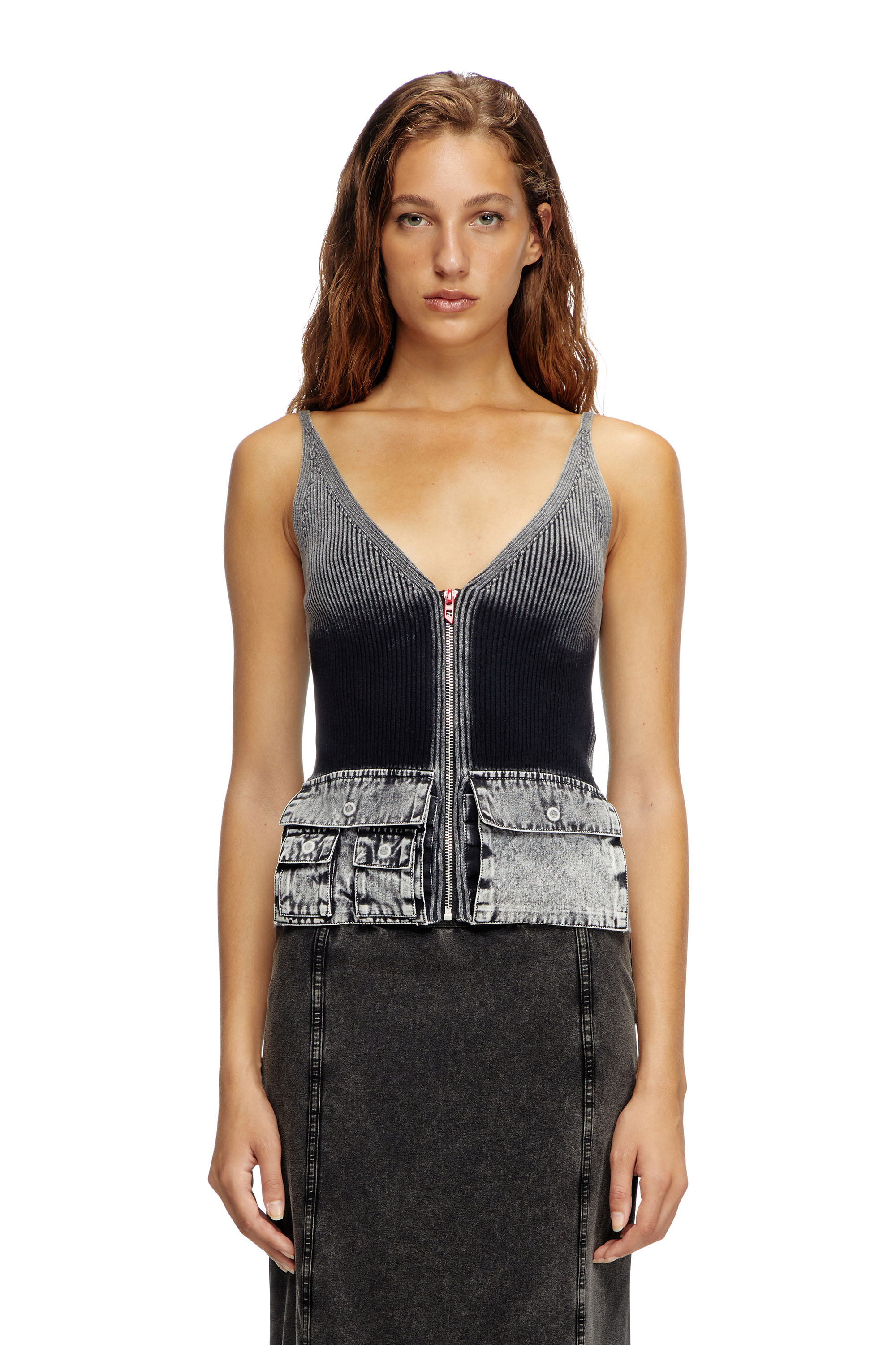 Diesel - M-MELLY, Tank top in maglia con tasche in denim Donna in Grigio - 1