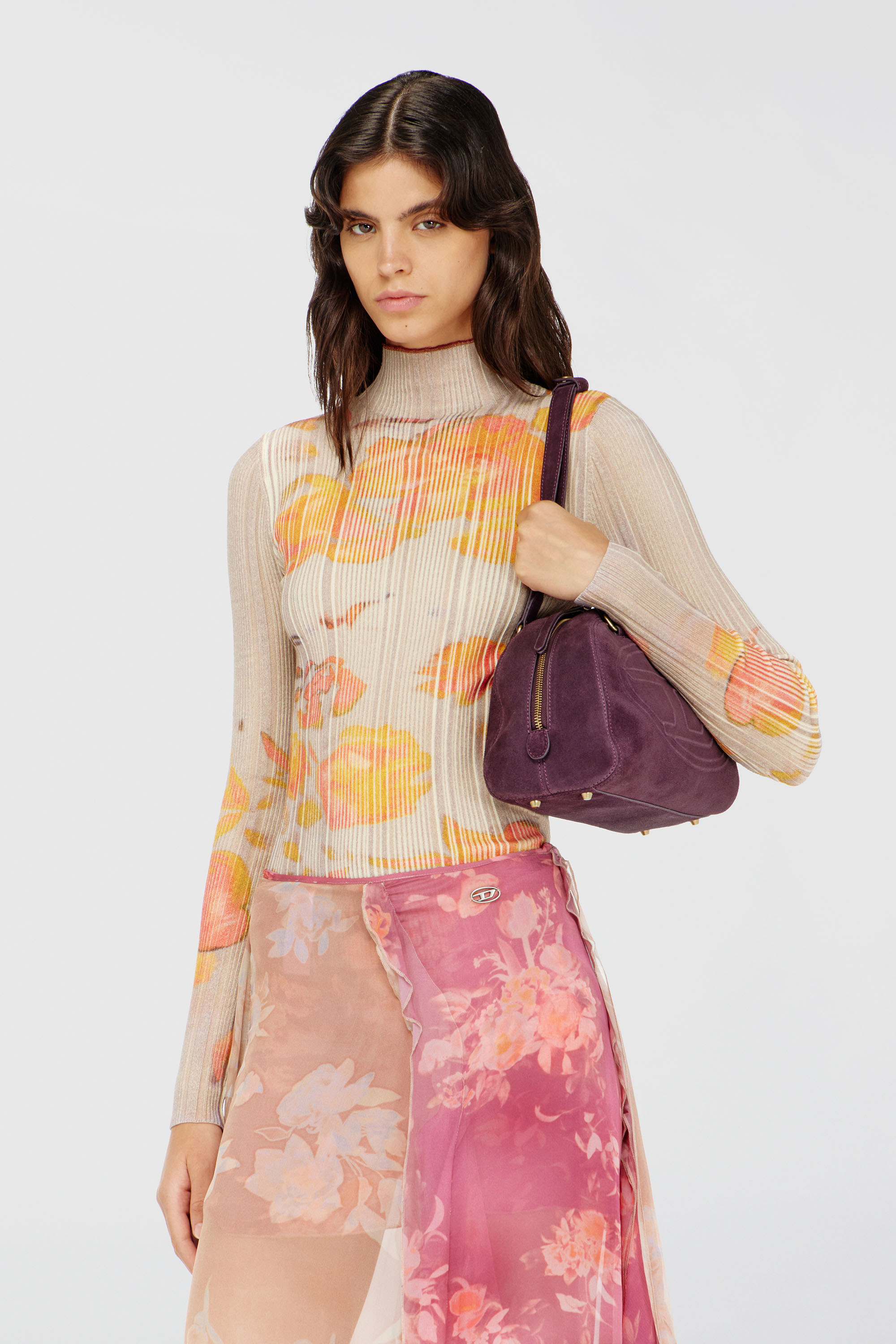Diesel - M-IORIA, Dolcevita in lana a costine con stampa floreale Donna in Multicolor - 1