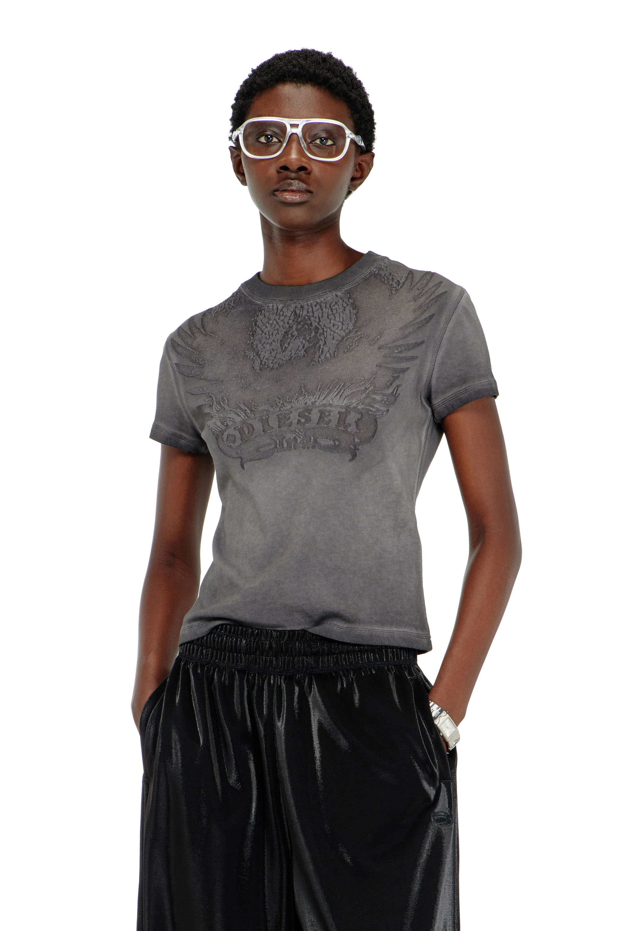 Diesel - T-ILA-AA7, Damen Slim T-shirt mit d&eacute;vor&eacute; Phoenix in Dunkelgrau - 3