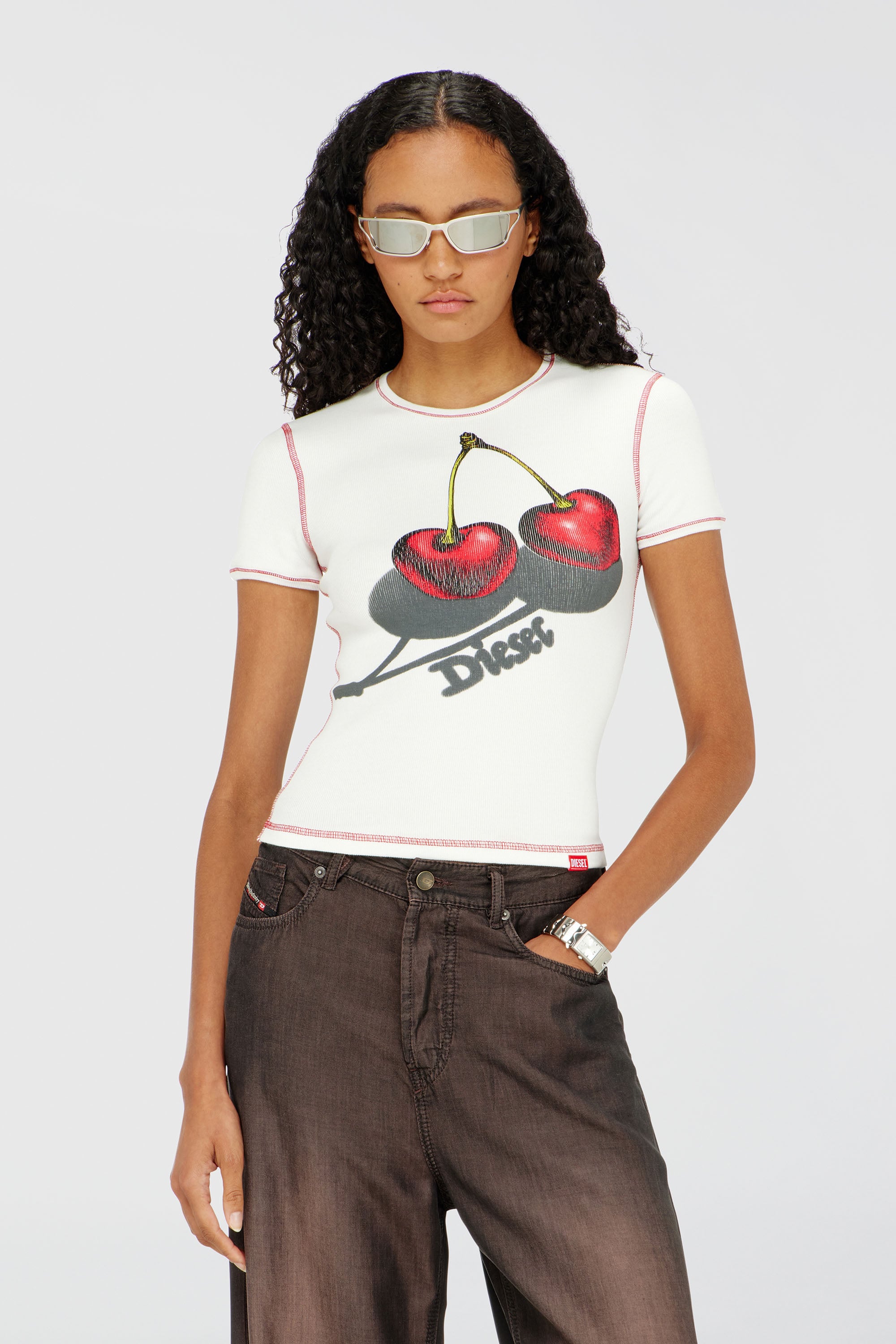Diesel - SV-T-ELE-CHER, T-shirt en coton slim avec imprim&eacute; cerise Femme in Blanc - 1