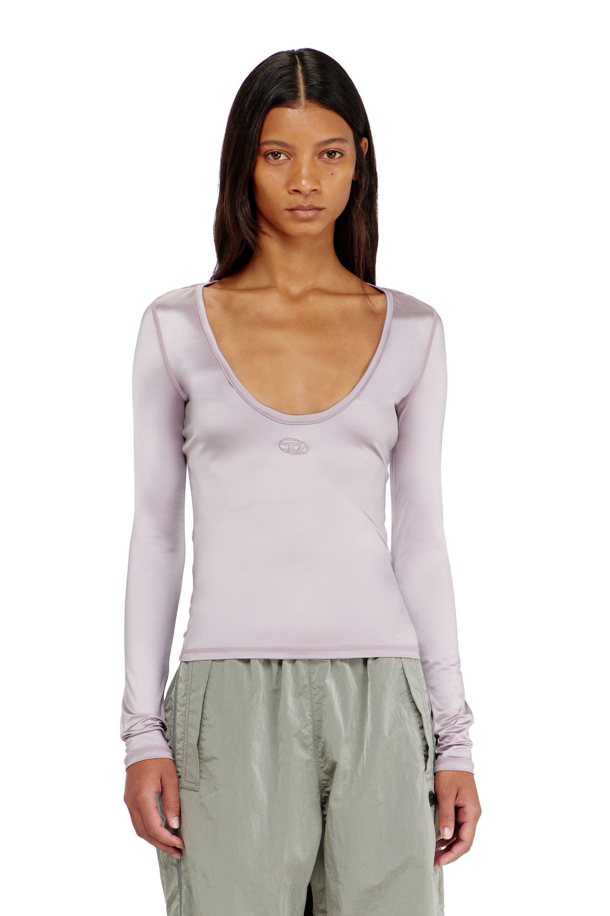 Diesel - T-ELPHIN-LS, Top slim en nylon &agrave; encolure d&eacute;gag&eacute;e avec Logo Oval D brod&eacute; Femme in Violet - 1