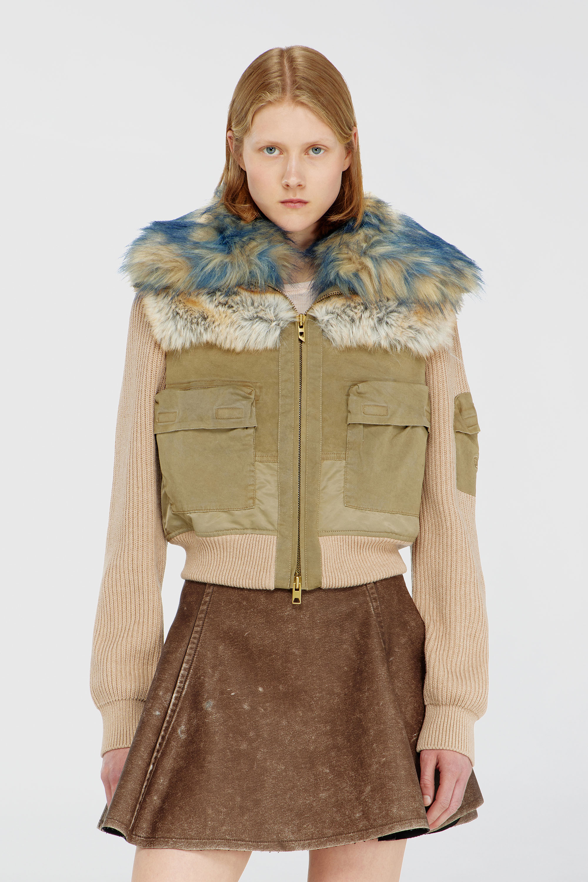 Diesel - G-USTAV, Damen Bomberjacke mit Rippstrick- und Pl&uuml;schbesatz in Beige - 1