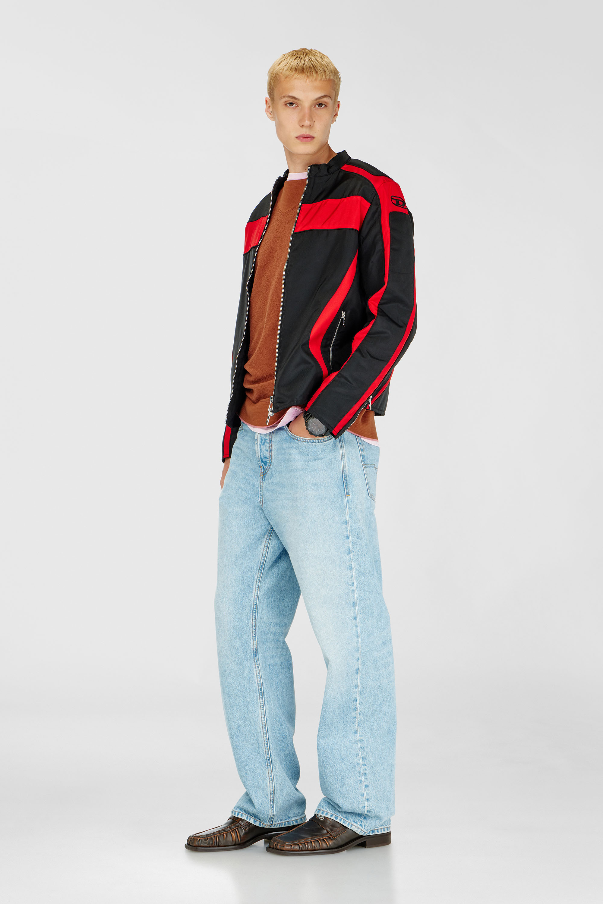 Diesel - J-ADAM-PDAI, Man's Biker jacket in colour-block canvas in Black/Red - 1