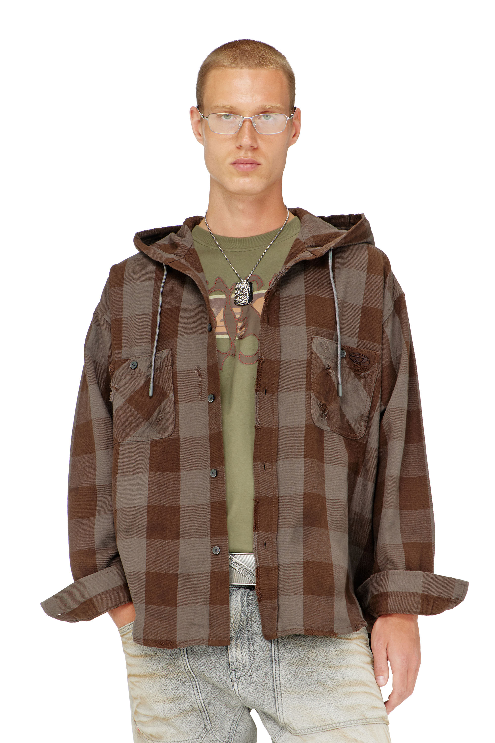 Diesel - S-DRUM-HOODY, Herren Kapuzenshirt aus distressed kariertem Flanell in null - 3