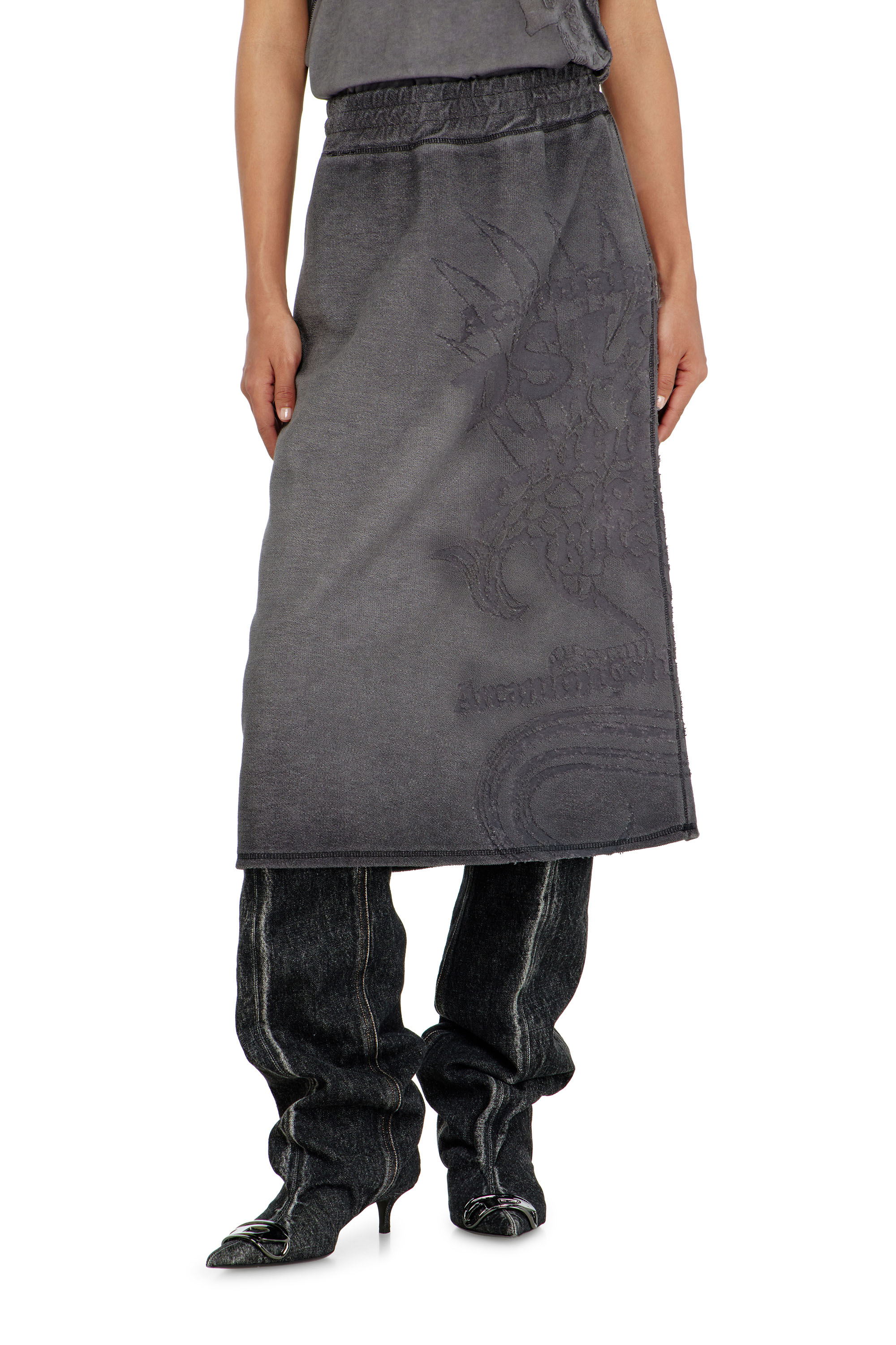Diesel - O-BEAUTY, Gonna midi in felpa con stampa d&eacute;vor&eacute; Donna in Grigio - 2