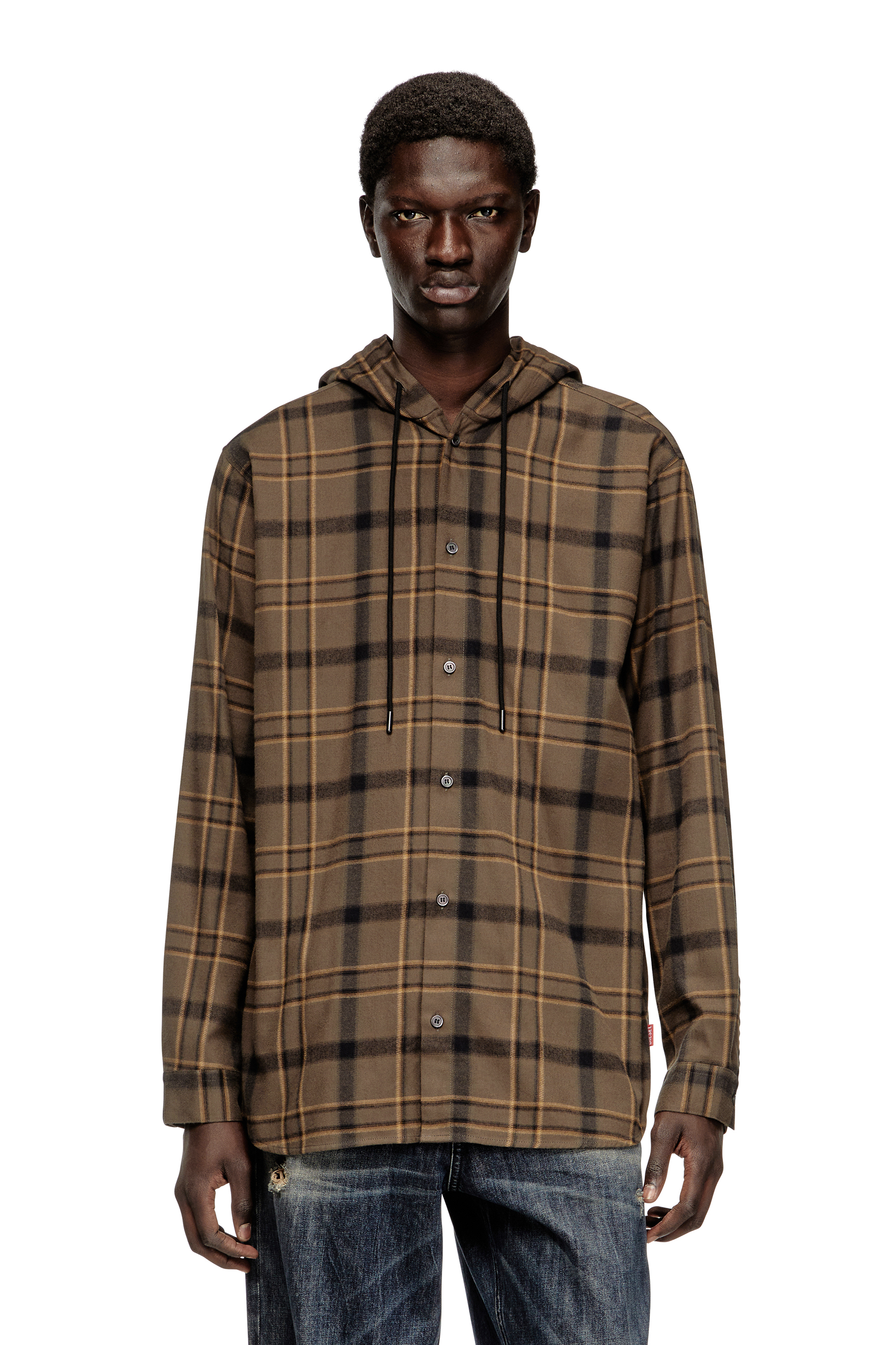 Diesel - S-IX, Chemise à capuche en flanelle à carreaux avec logo Homme in Marron - 1