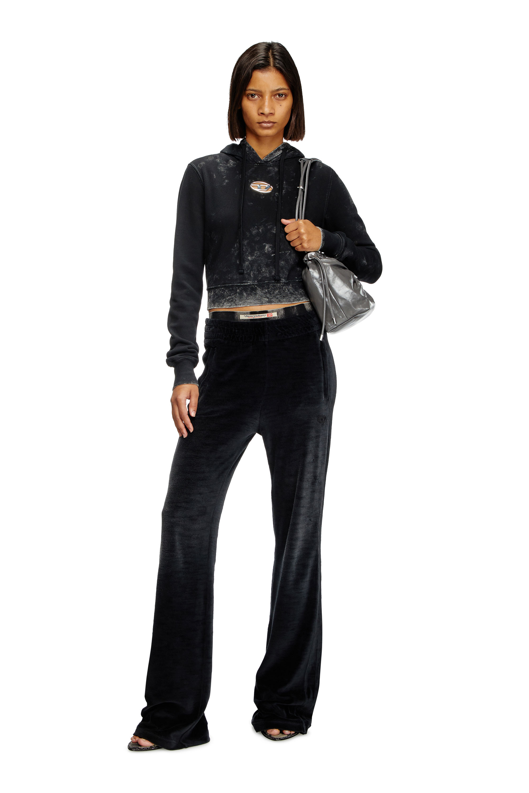 F-SLIMMY-HOOD-P5, Schwarz Diesel - F-SLIMMY-HOOD-P5, Damen Verblasster Cut-out-Hoodie mit Metall-Logo in Schwarz - 1