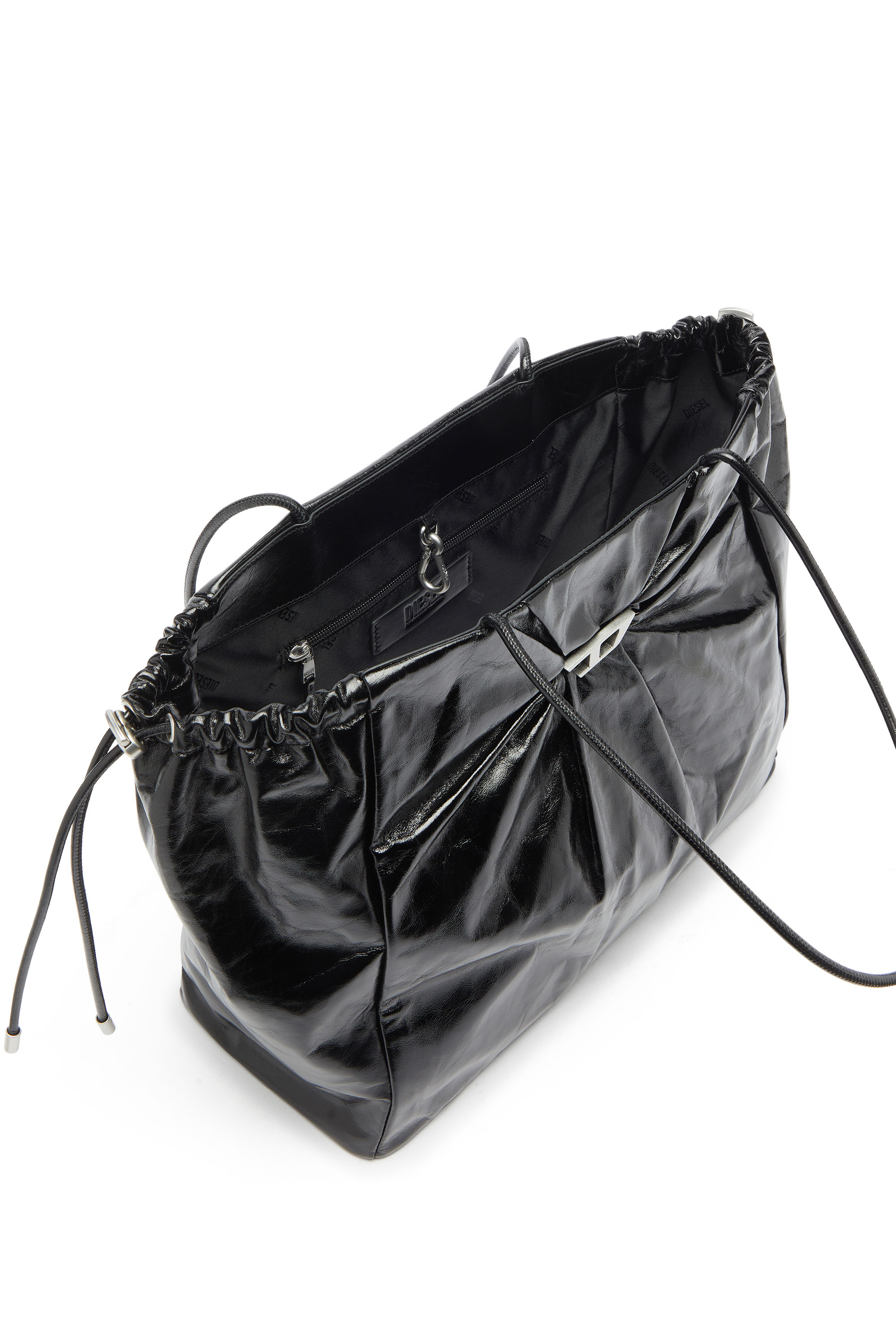Diesel - SCRUNCH-D TOTE E/W, Damen Scrunch-D - Tote-Bag aus gl&auml;nzendem, geknittertem Leder in Schwarz - 3