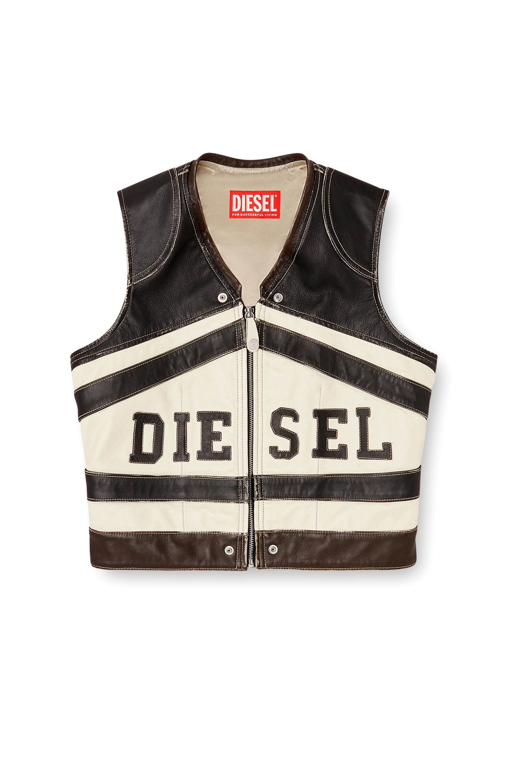 Diesel - L-FLYCOU-20TH, Gilet en cuir avec logo sur le devant et bandes contrast&eacute;es Femme in Polychrome - 3