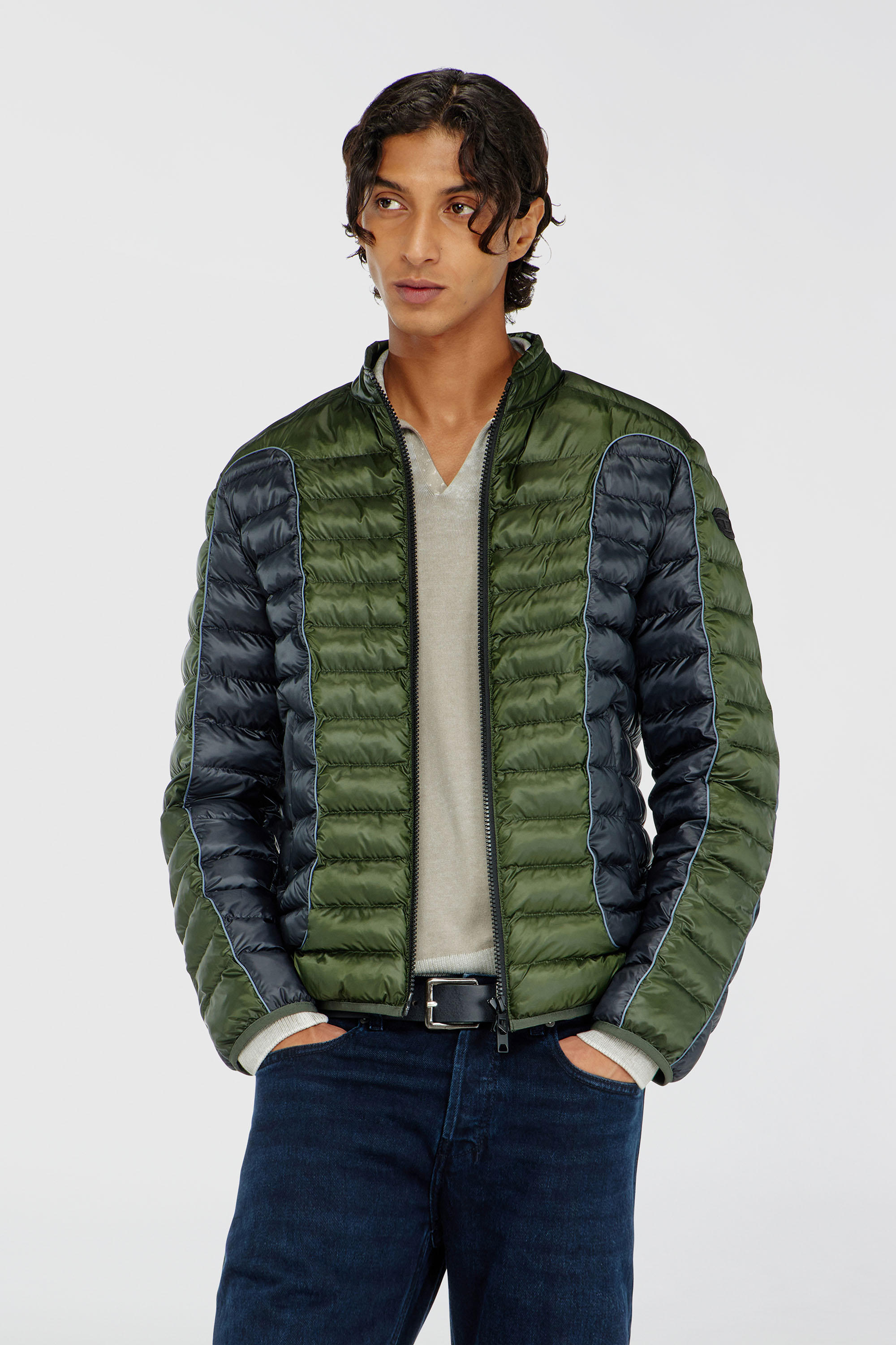 Diesel - W-PILOT-BLOCK, Herren Biker-Pufferjacke mit Colour-Block-Design in Grau/Gr&uuml;n - 3
