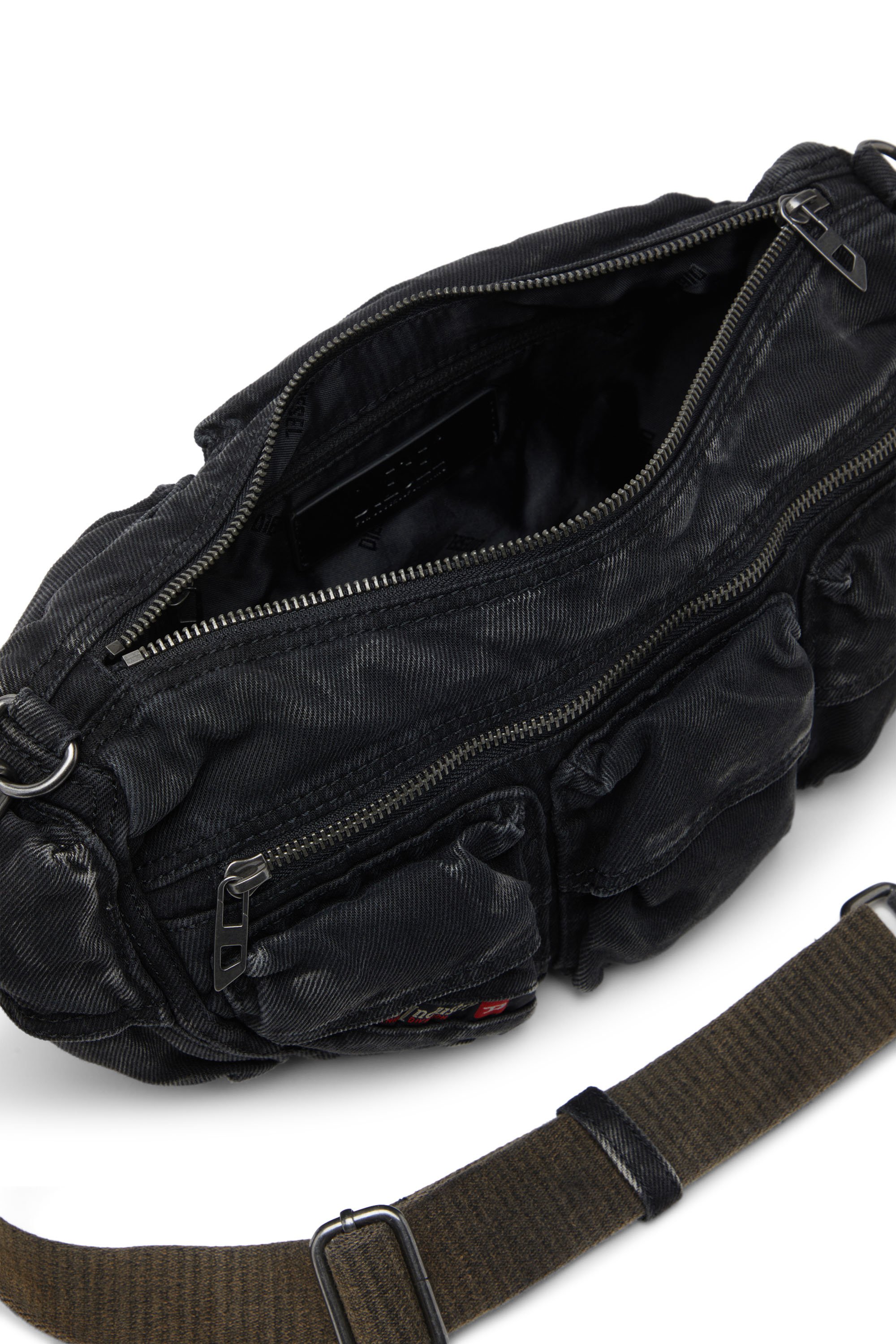 Diesel - MULTI-PKTS SHOULDER BAG X, Unisex Multipocket-Tasche aus gewaschenem Denim in Schwarz - 5