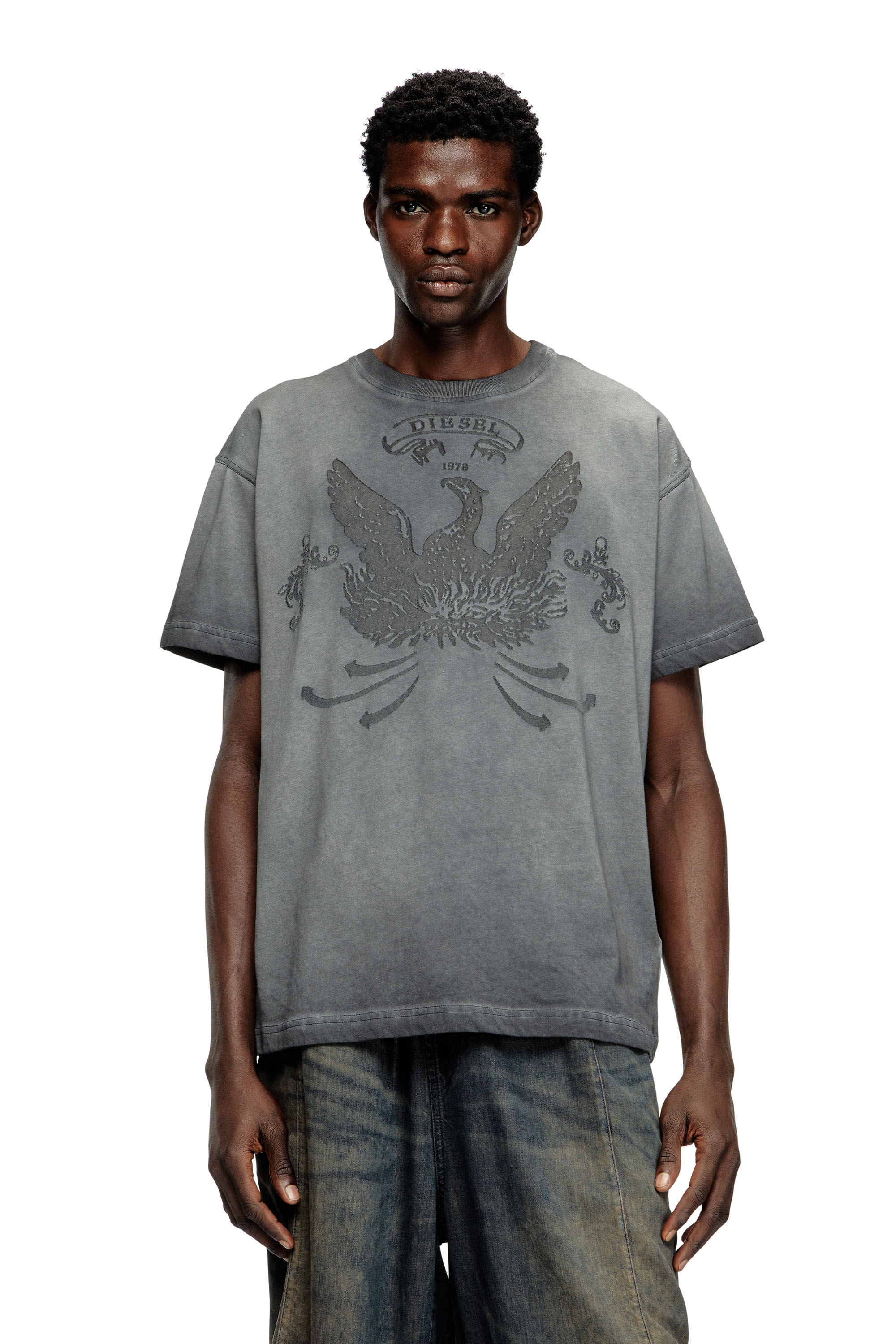 Diesel - T-NORM-T9, T-shirt con fenice dévoré Uomo in Grigio - 3