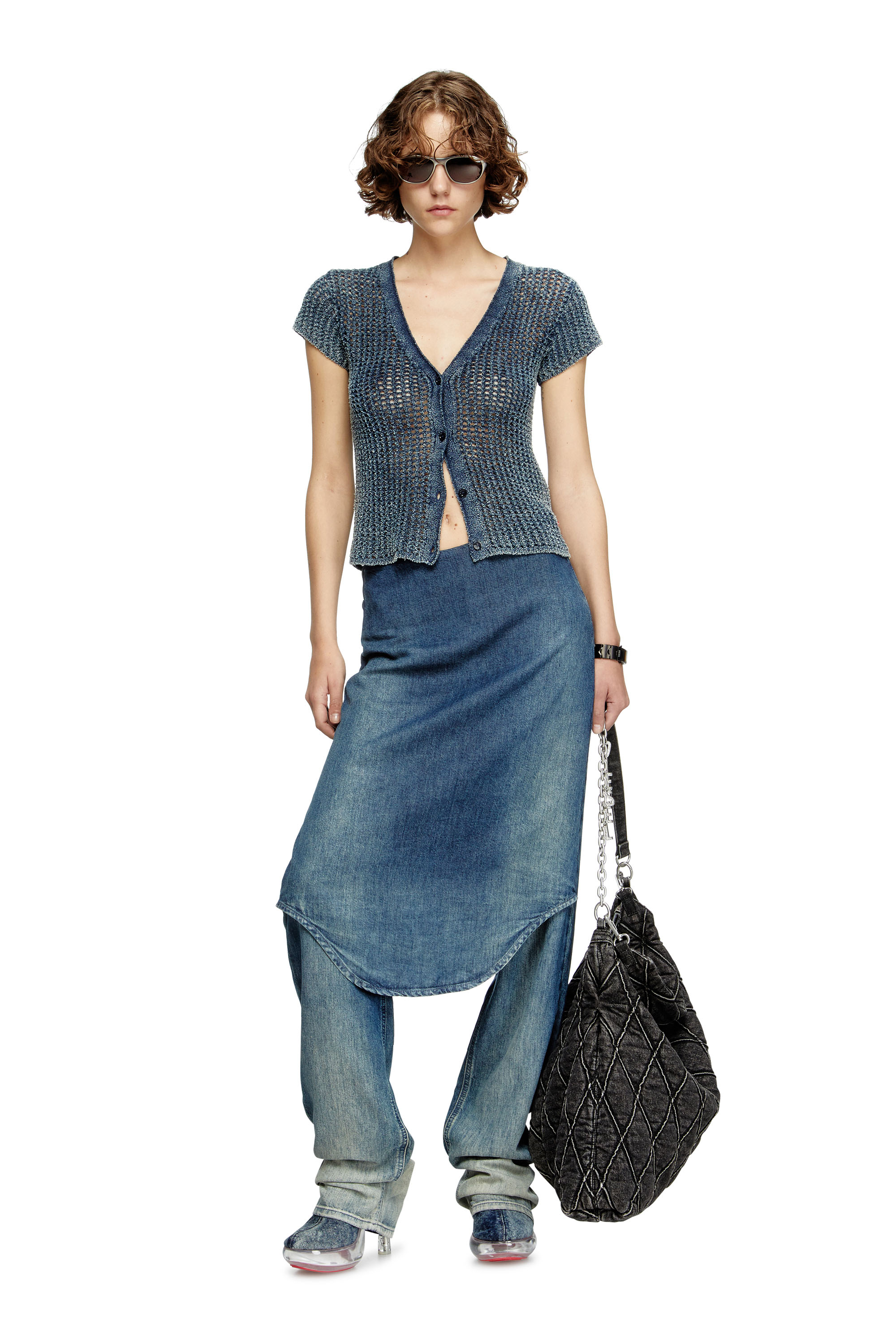 Diesel - M-REZ, Cardigan a maniche corte traforato in denim Donna in Blu - 2