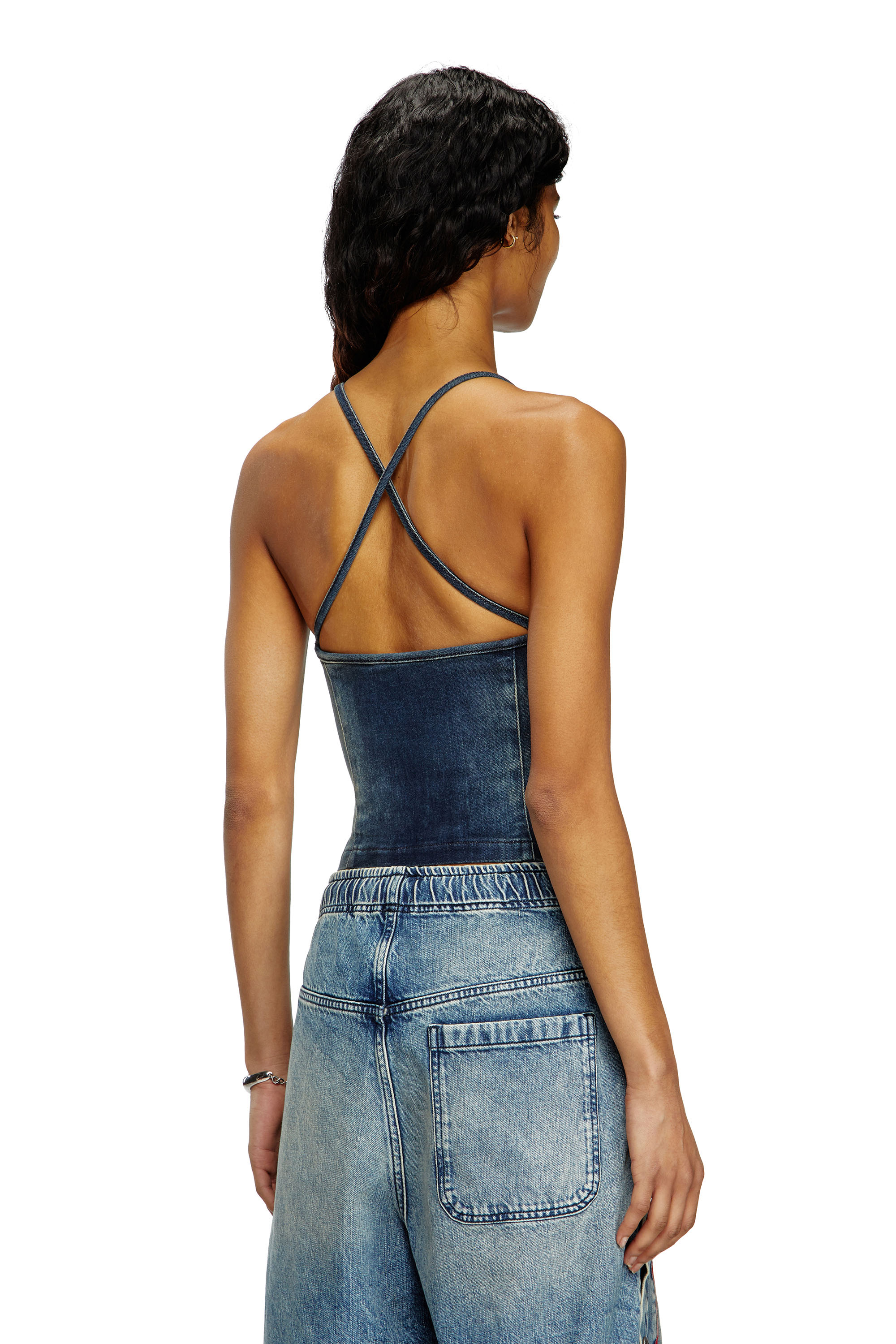 Diesel - DE-PILU-S, Crop top in denim stretch bicolore Donna in Blu - 4