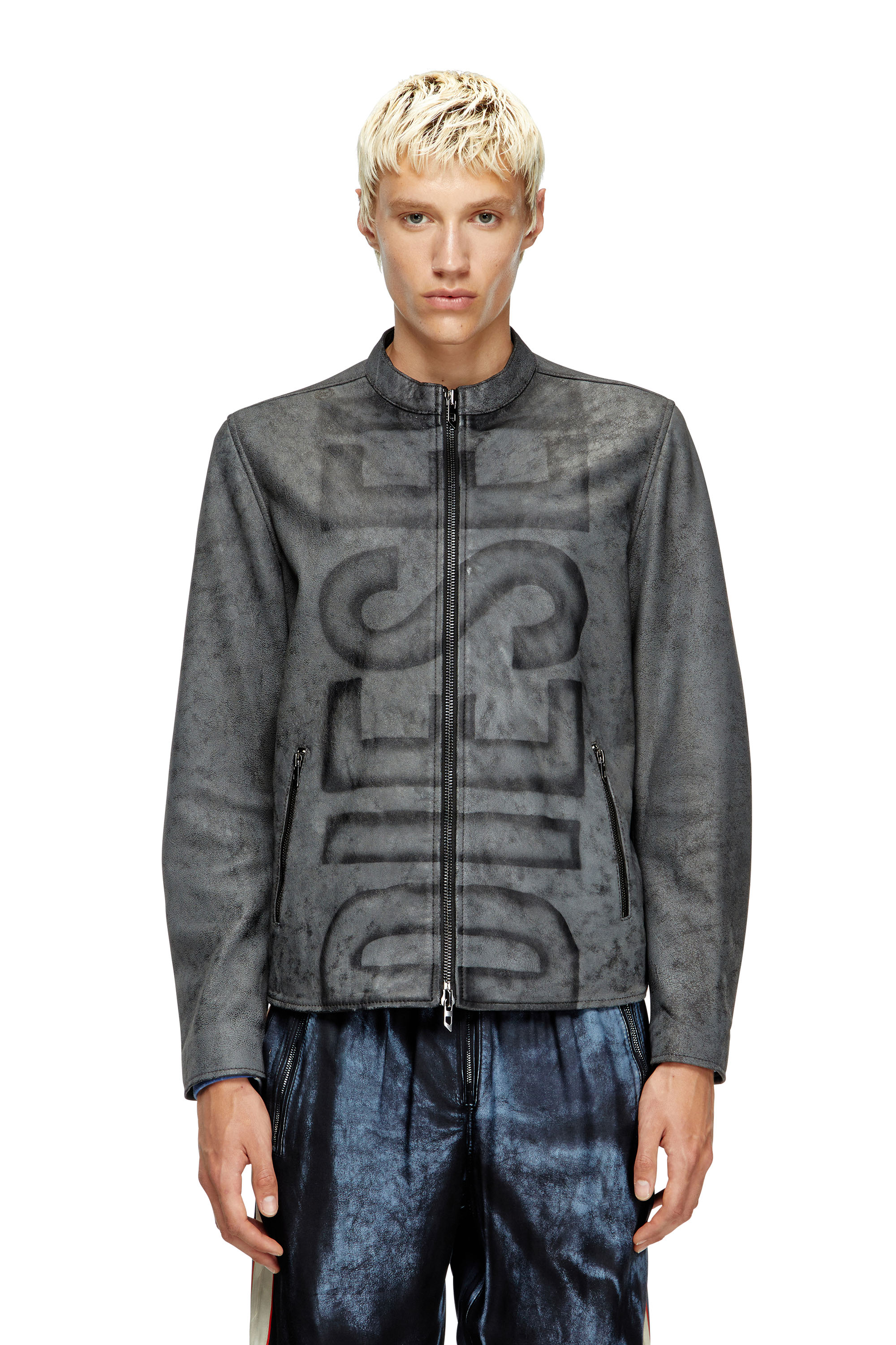 Diesel - L-EVERT-A, Giacca biker in pelle trattata con logo Uomo in Grigio - 3