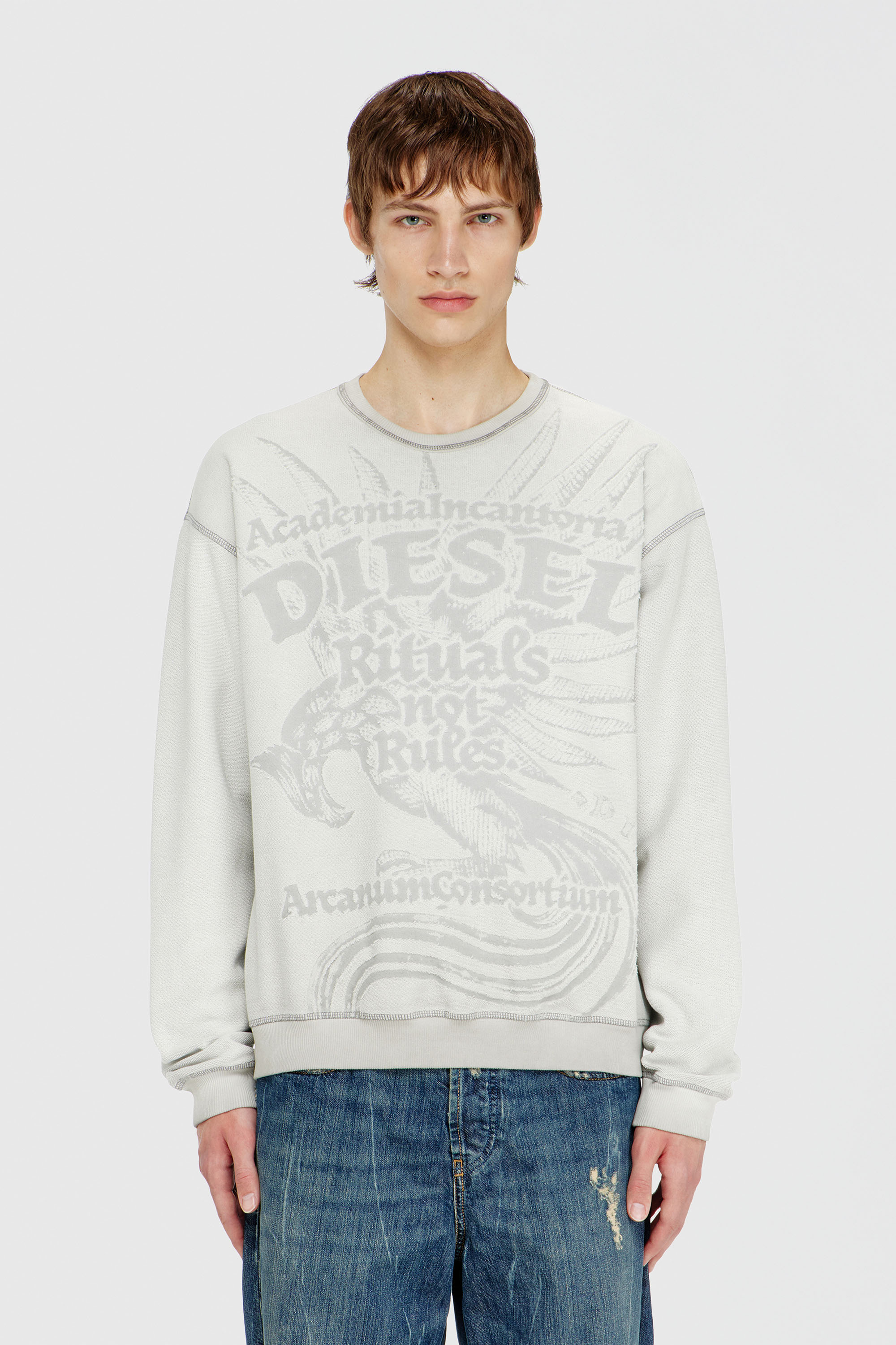 Diesel - S-ARON-RAW, Sweat-shirt avec imprim&eacute; d&eacute;vor&eacute; Homme in Gris - 5