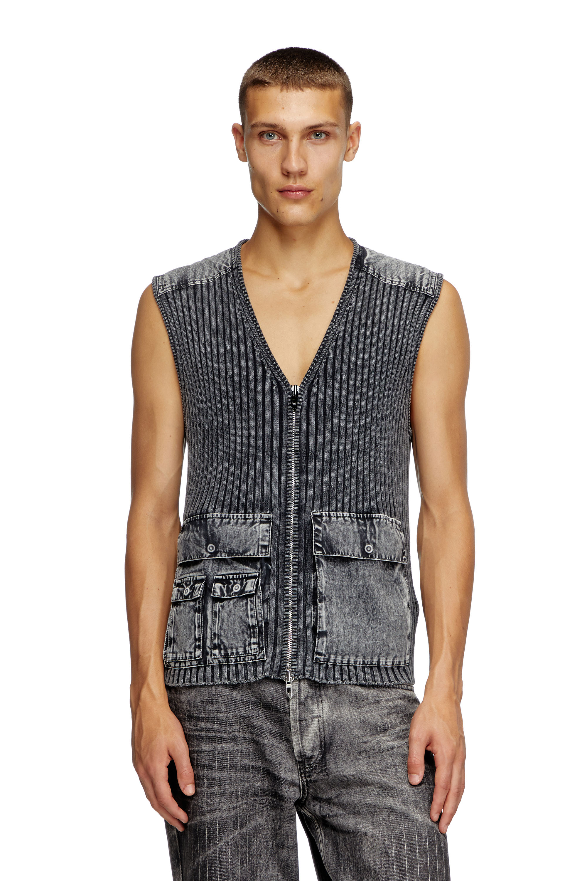 Diesel - K-MARGIE, Gilet utilitaire en maille côtelée et denim Homme in Gris - 6