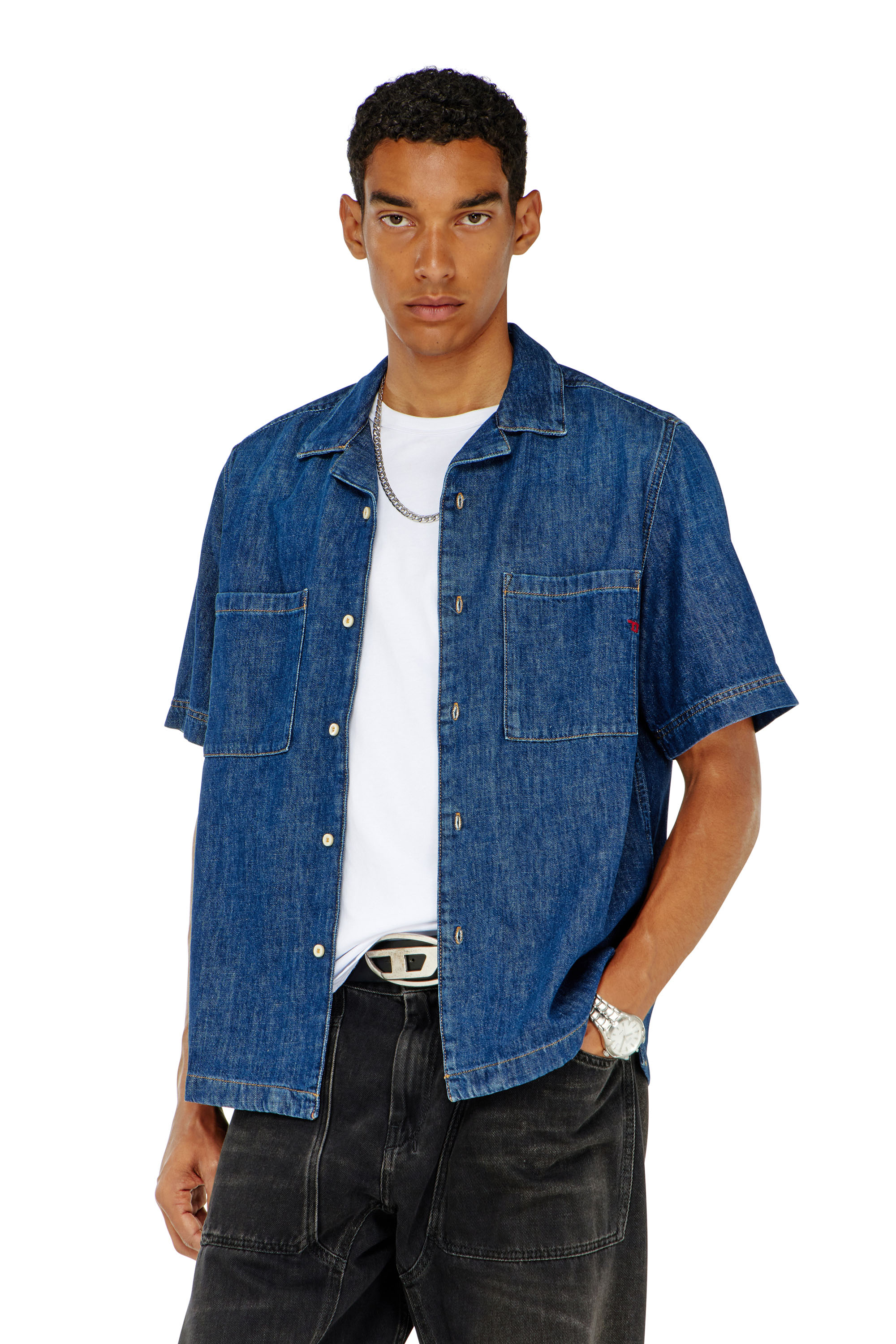 Diesel - D-PAROSHORT, Herren Bowling-Shirt aus Denim in Dunkelblau - 1