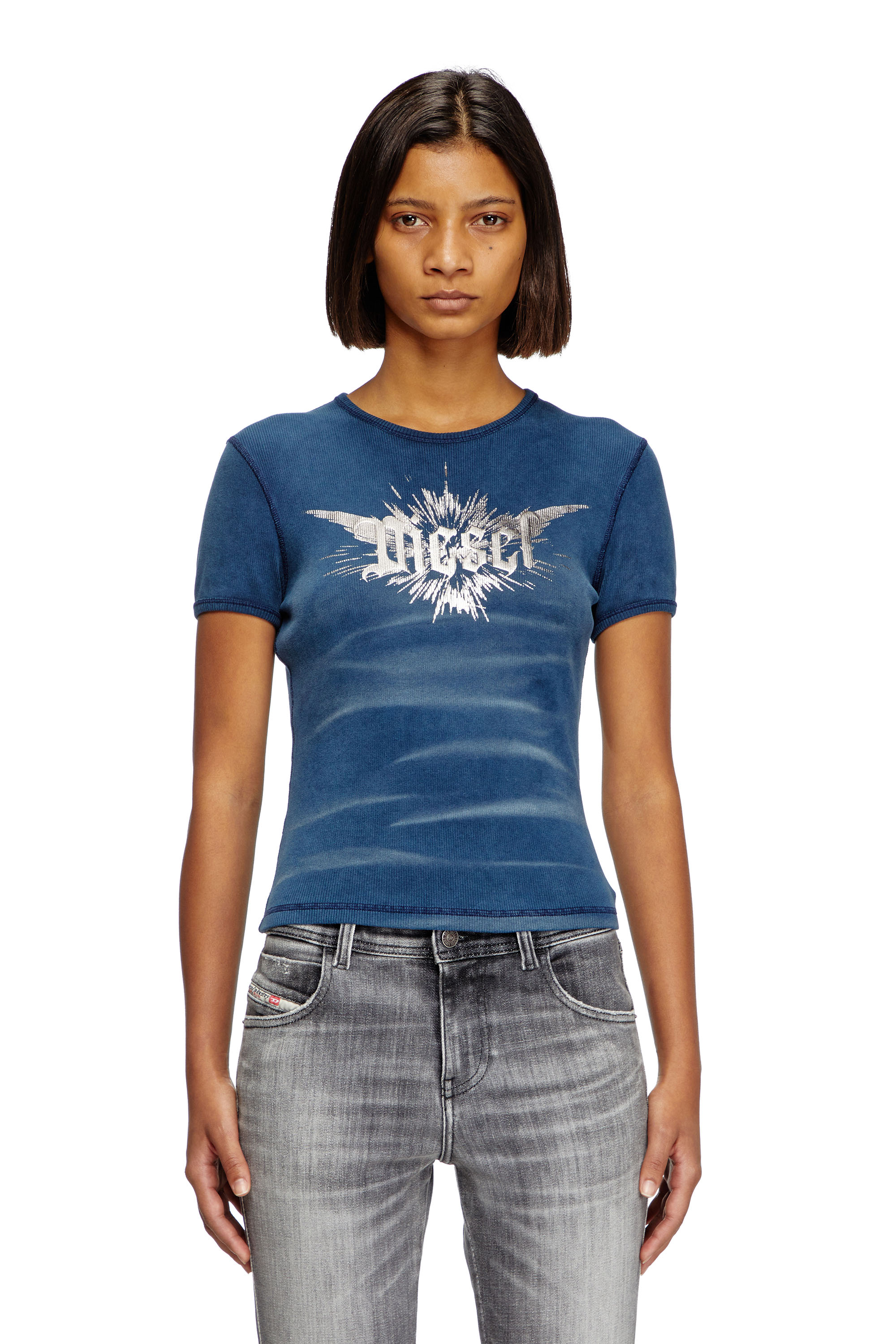 Diesel - T-ELE-LONG-P2, Damen T-Shirt mit flügelförmigem Diesel-Folien-Print in Blau - 1