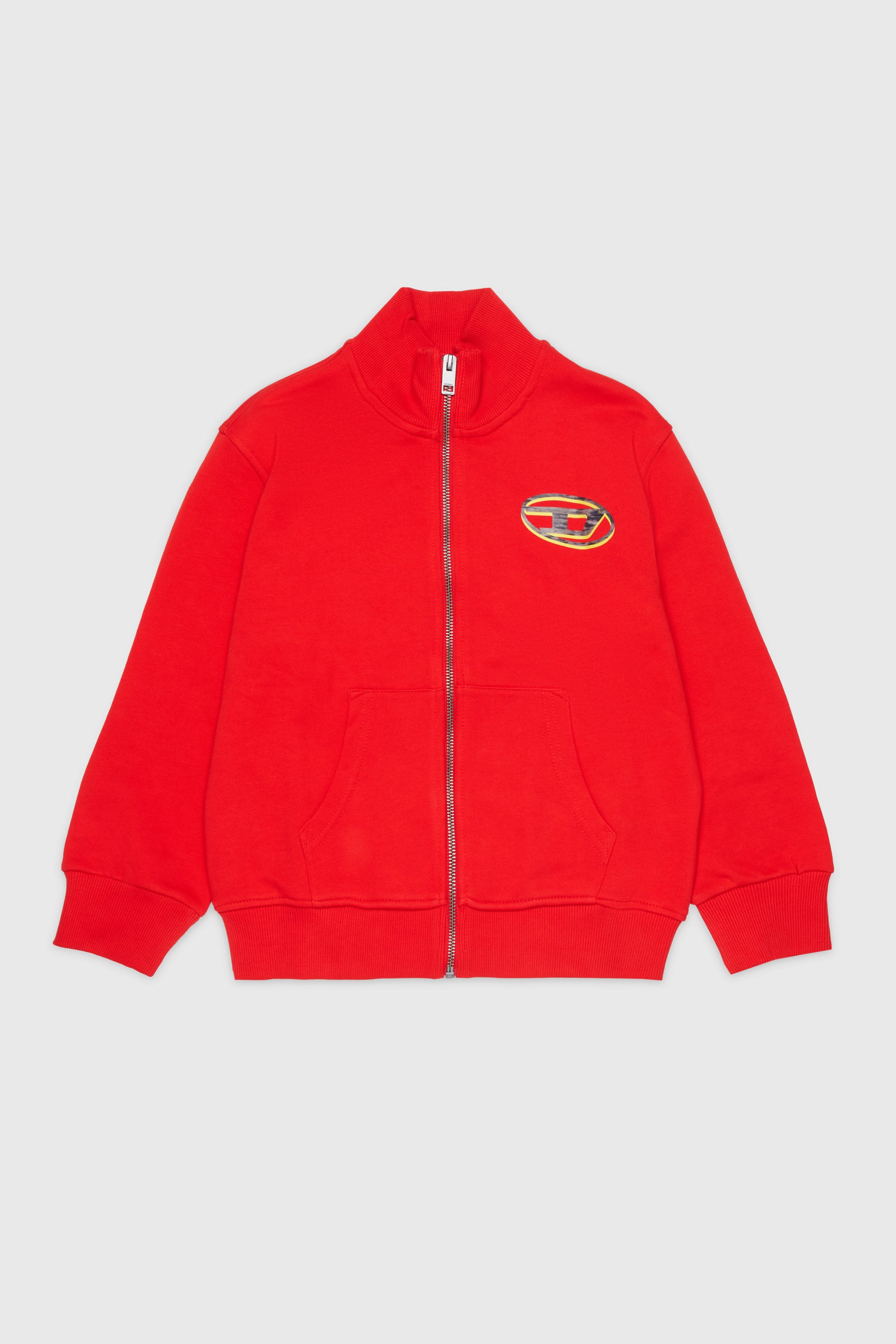Diesel - SVELLYZIP OVER, Sweatshirt zipp&eacute;e avec imprim&eacute; Oval D bicolore Homme in Rouge - 1