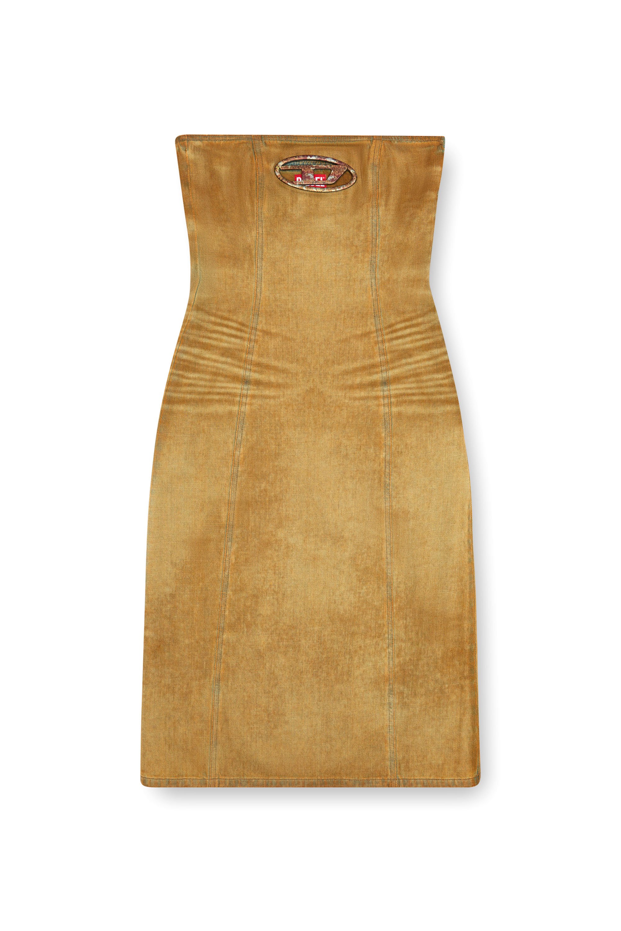 Diesel - DE-VILDRESS-FSF, Robe midi en denim avec logo effet rouille Femme in Marron - 1