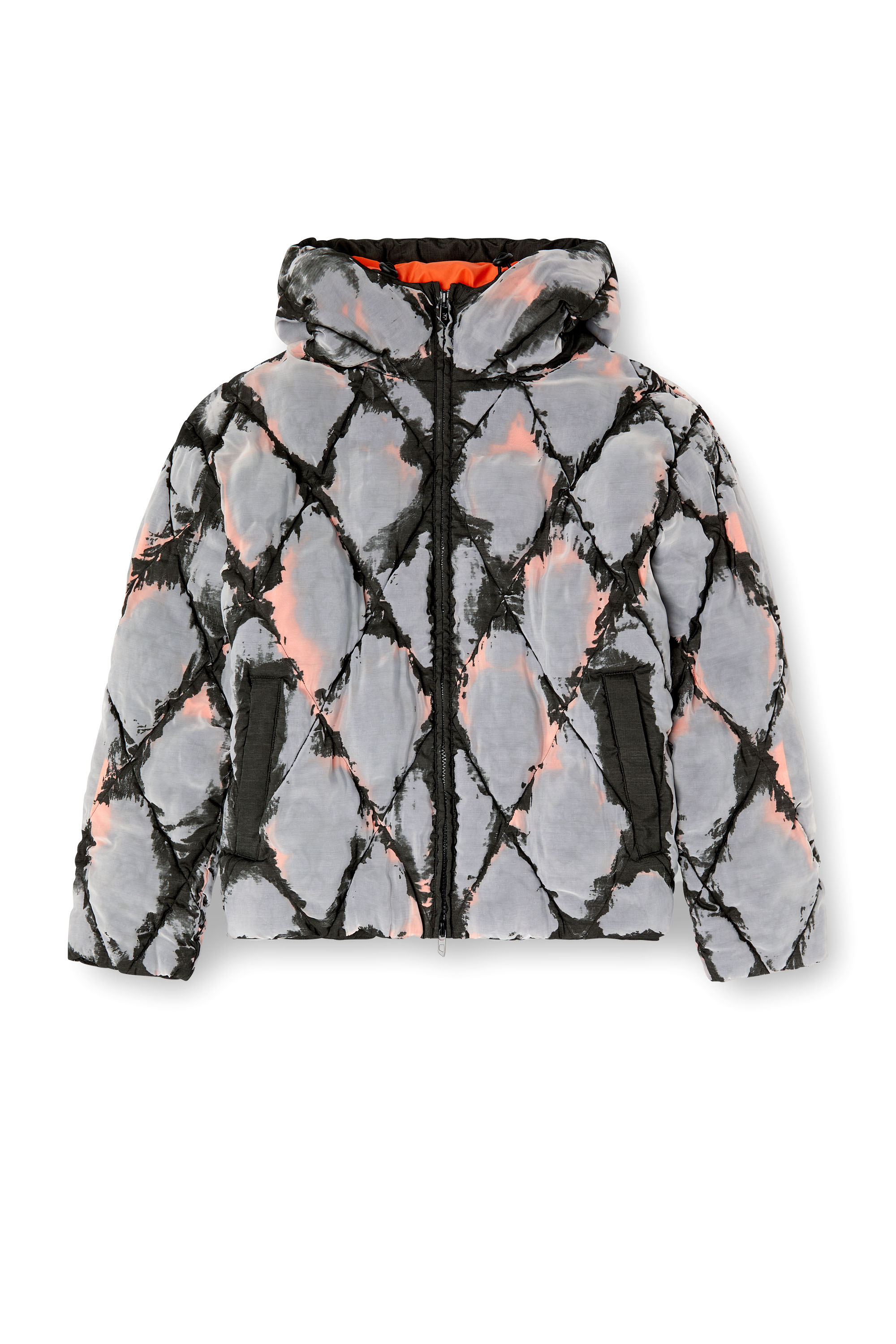 Diesel - W-DOM, Herren Devoré-Pufferjacke mit Kapuze und Argyle-Muster in Schwarz/Orange - 3