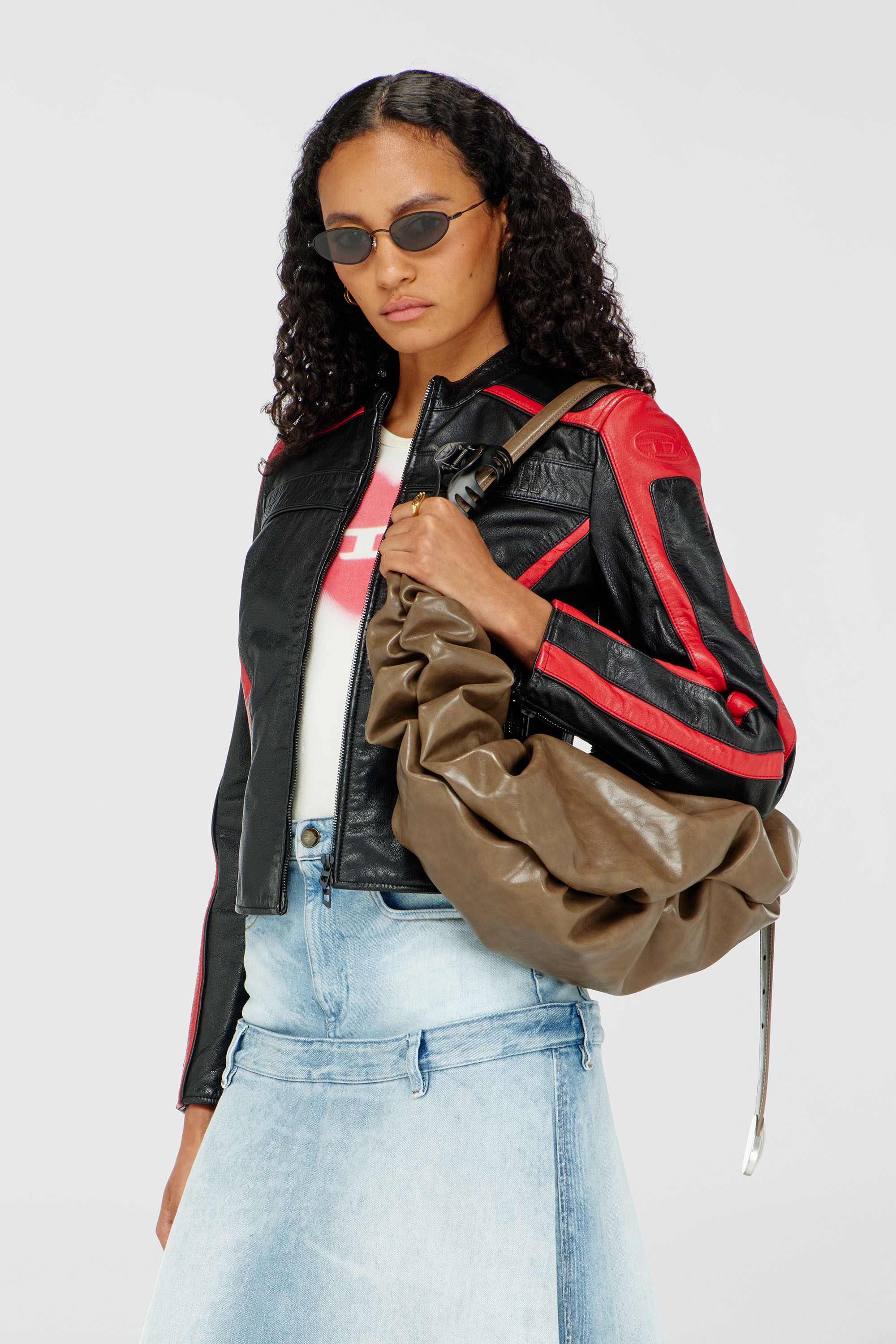 Diesel - L-OVABLE, Blouson motard en cuir color-block Femme in Polychrome - 1