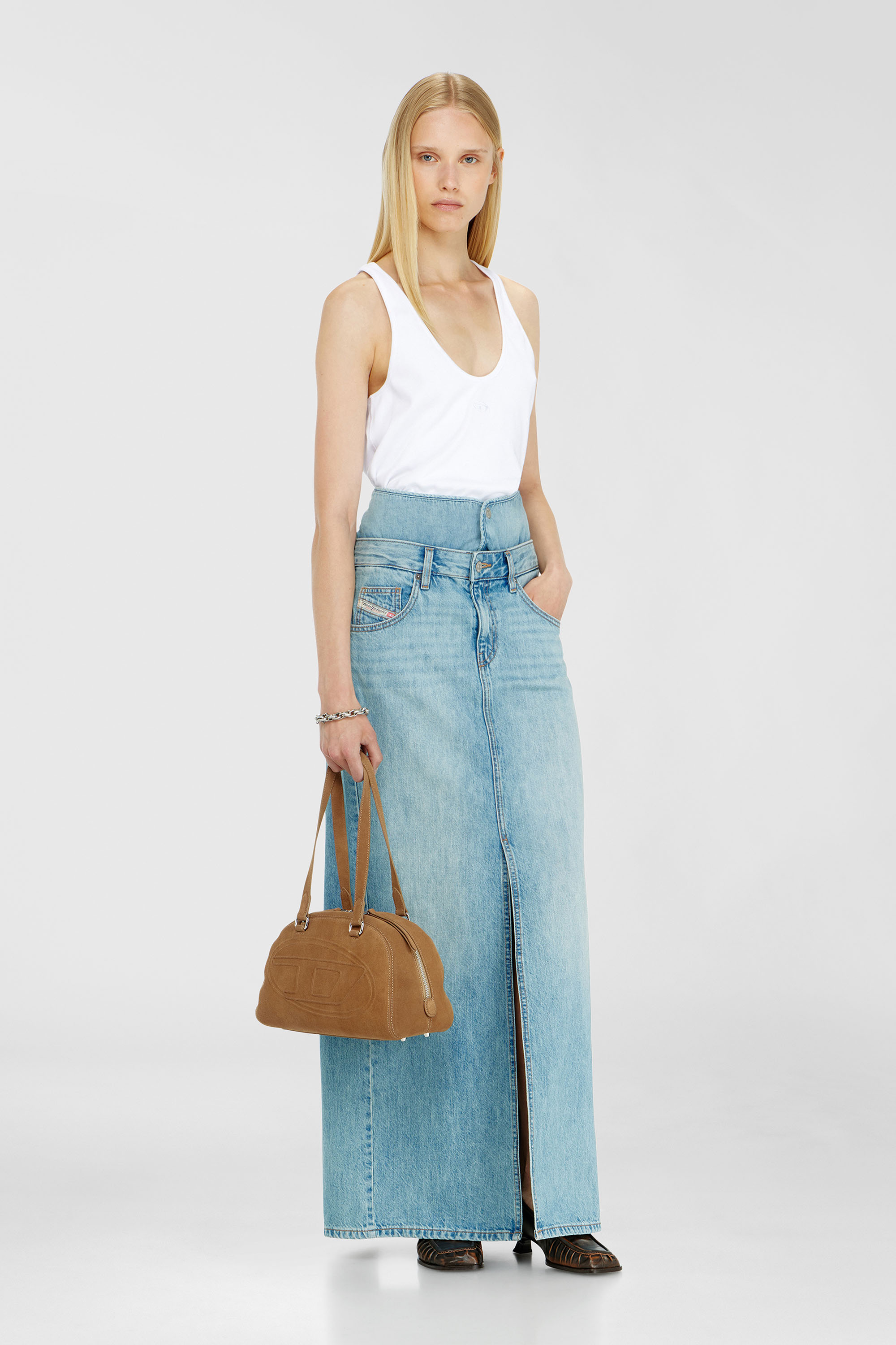 Diesel - DE-SPIVEY, Jupe longue en denim effet jean avec fentes Femme in Bleu - 1