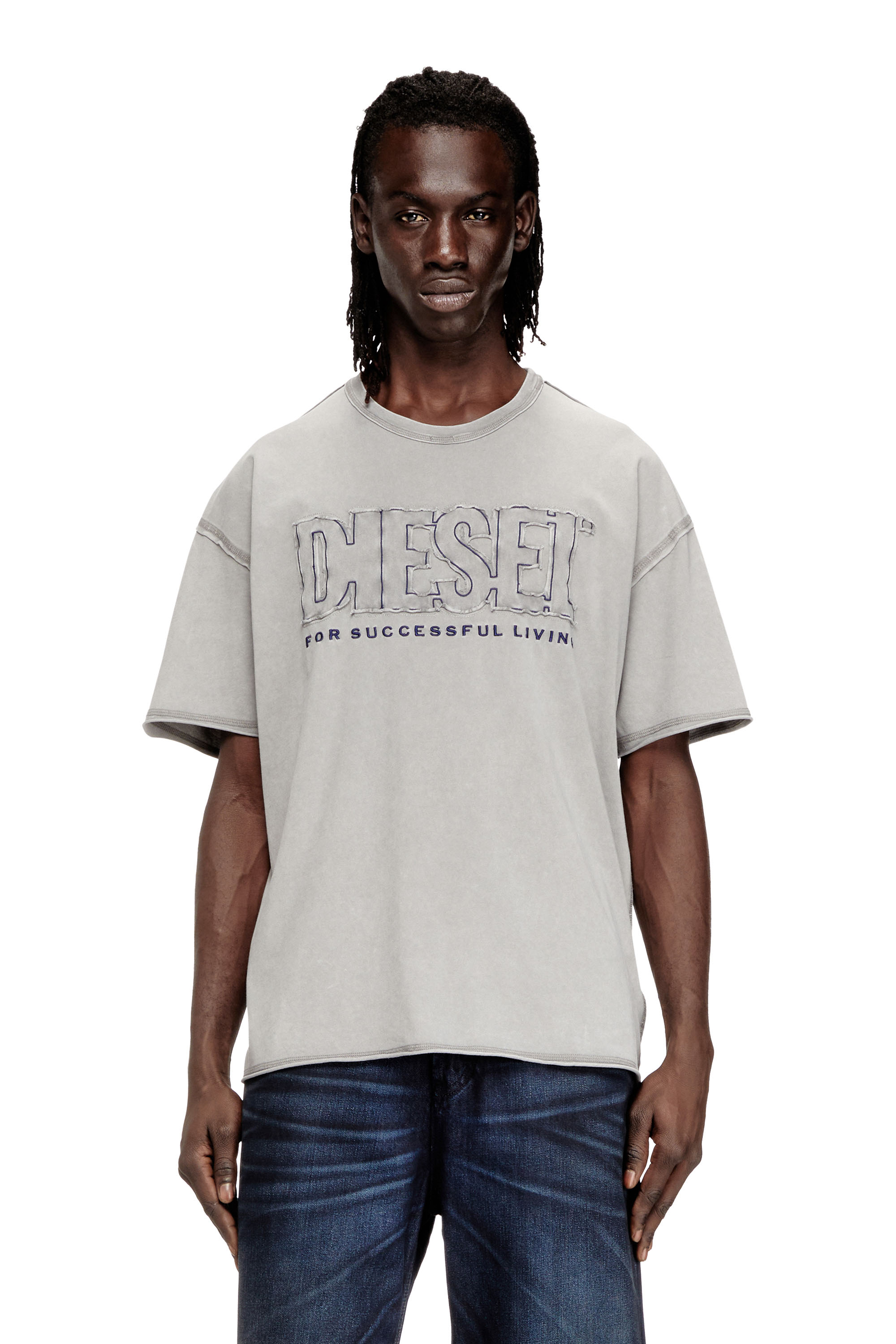 Diesel - T-RAWBOXT, Herren T-Shirt mit appliziertem Logo und rohem Rand in Hellgrau - 1