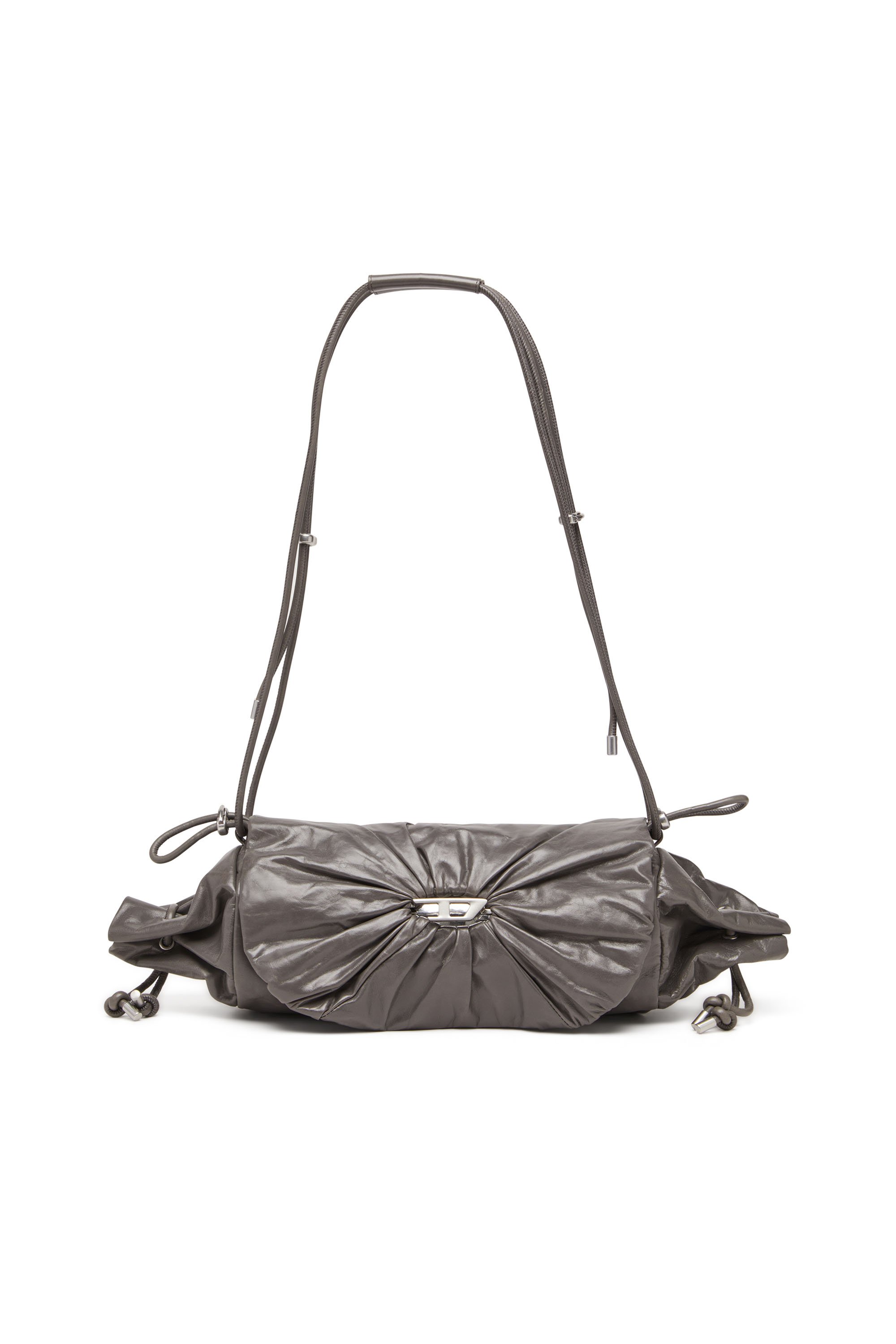 Diesel - SCRUNCH-D SHOULDER M, Damen Schultertasche aus glänzendem zerknittertem Leder in Grau - 1