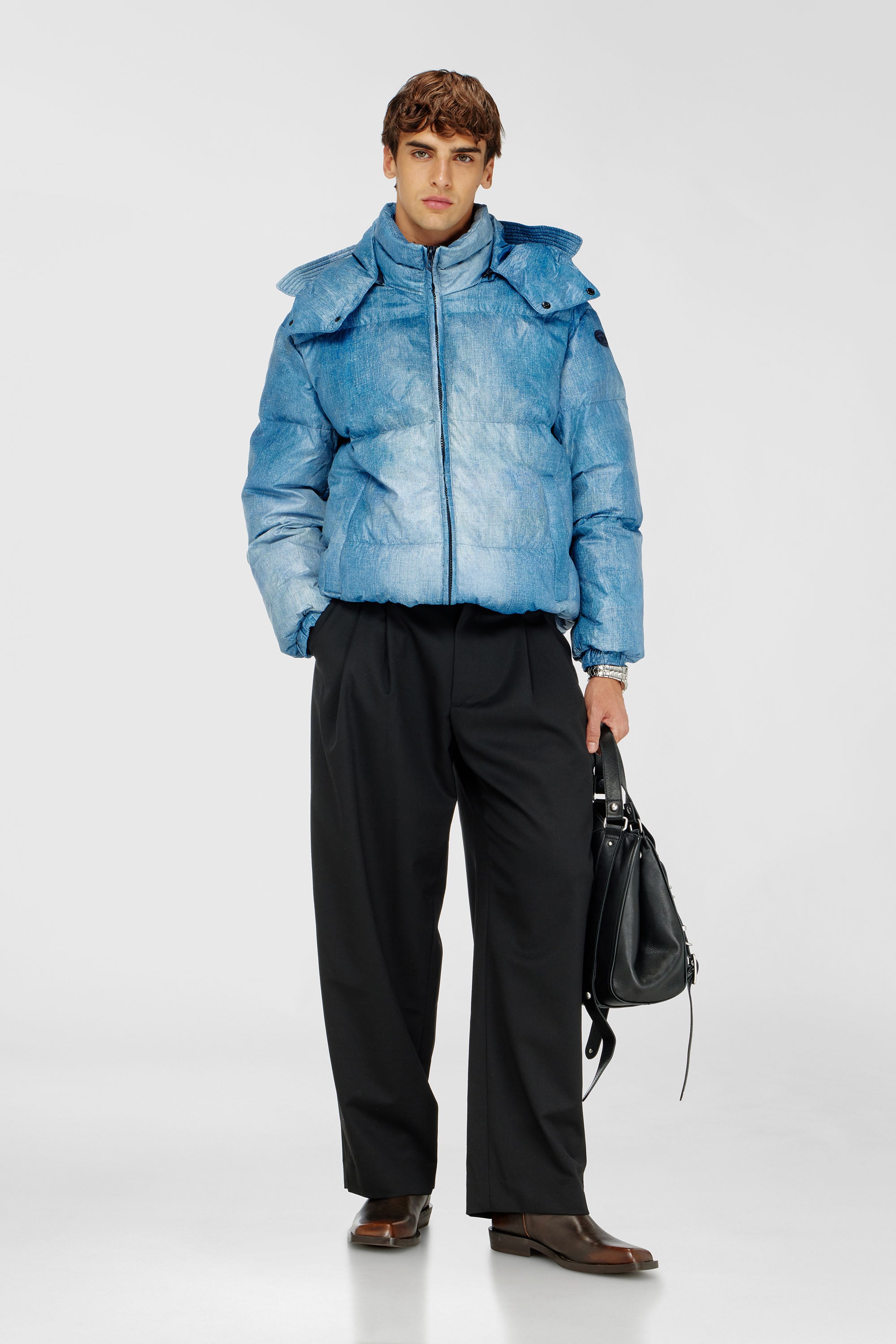 Diesel - W-ROLLY-WRD-BFBN, Doudoune &agrave; capuche avec imprim&eacute; effet denim Homme in Bleu - 2