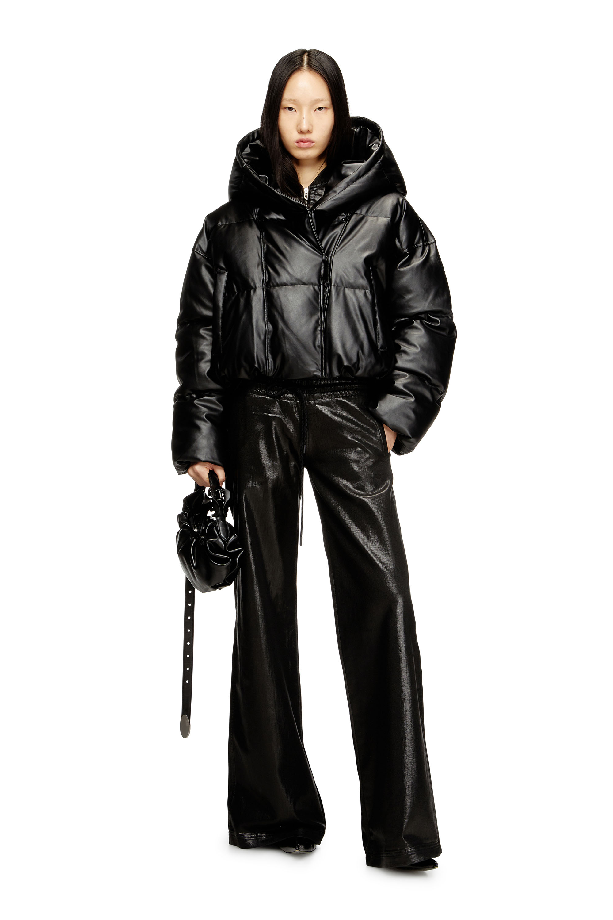 Diesel - W-ILLEY, Veste matelassée à capuche en tissu enduit Femme in Noir - 1