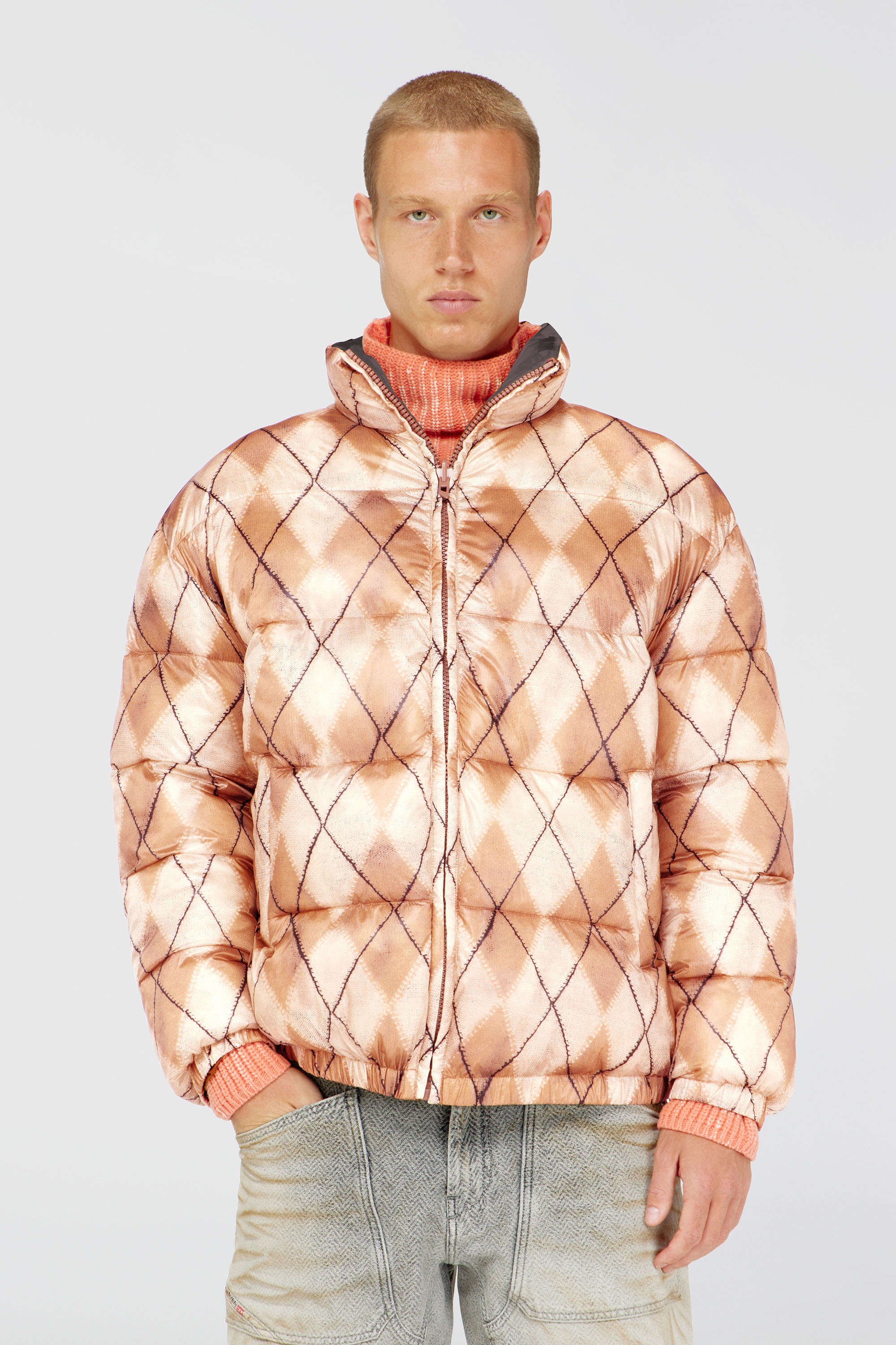 Diesel - W-BOURB-DLCK, Herren Wendbare Steppjacke mit argyle-print in Beige/Grau - 1
