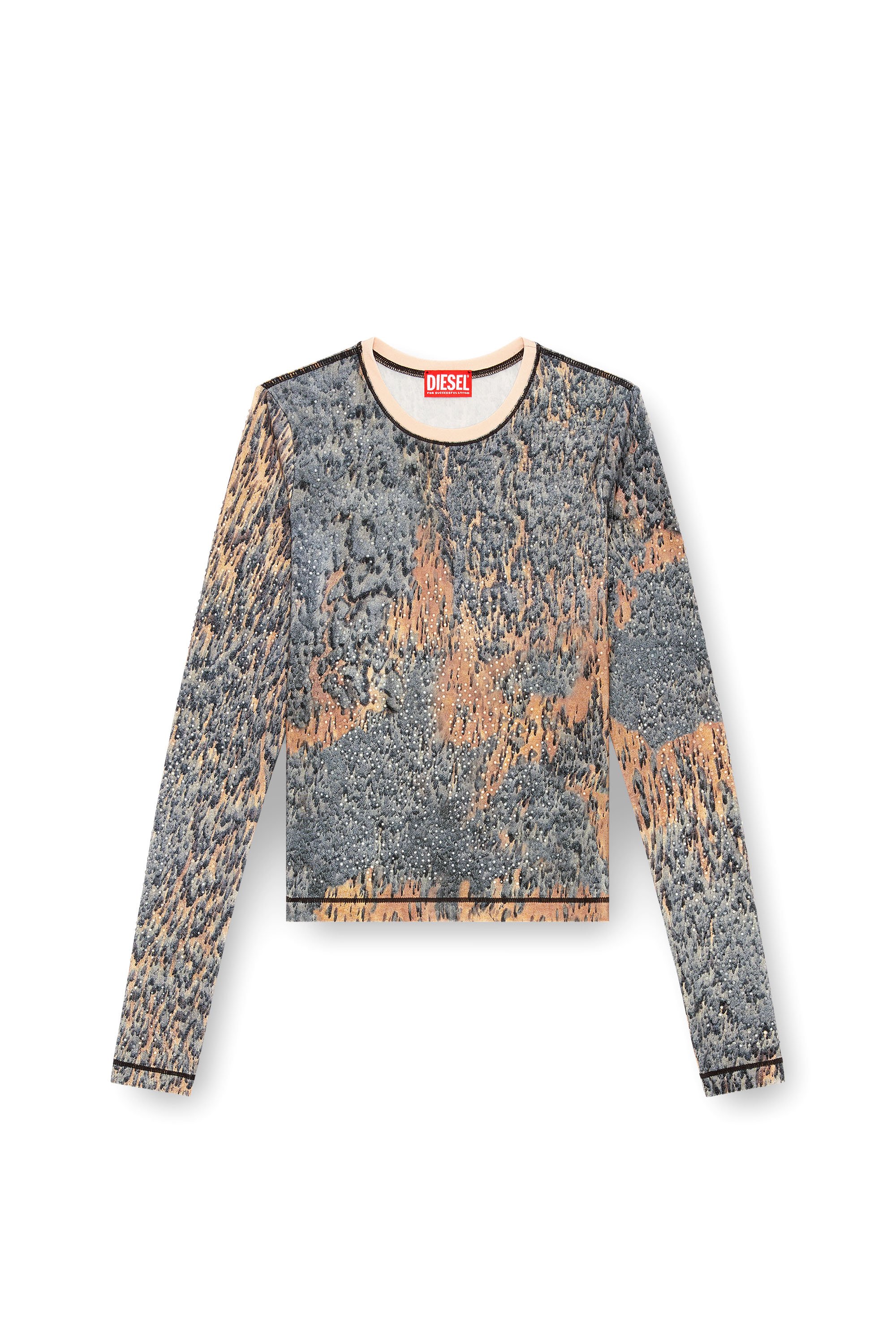 Diesel - T-CUTIE-LS, Damen Top mit Kristallen und Rain Camo-Print in Beige/Grau - 3