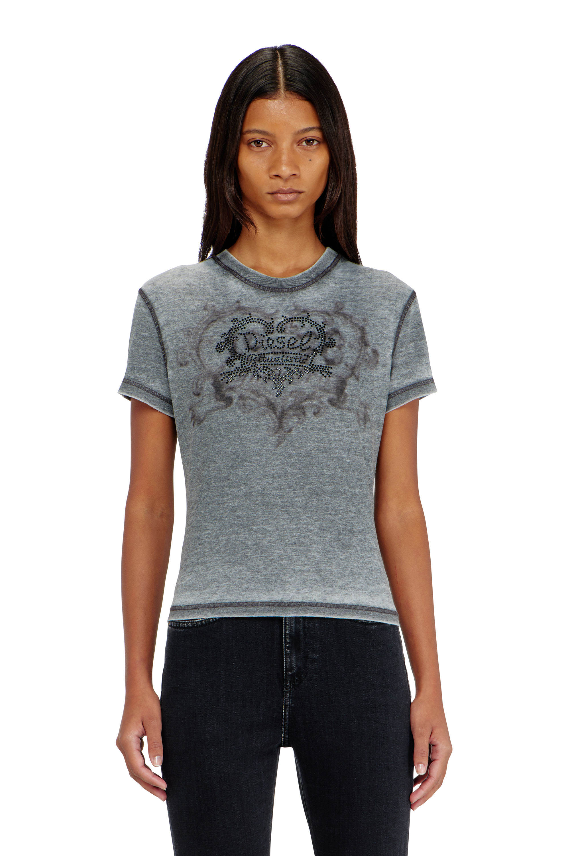 Diesel - T-ILA-AA1, T-shirt en jersey avec strass et burnout effect Femme in Gris - 1