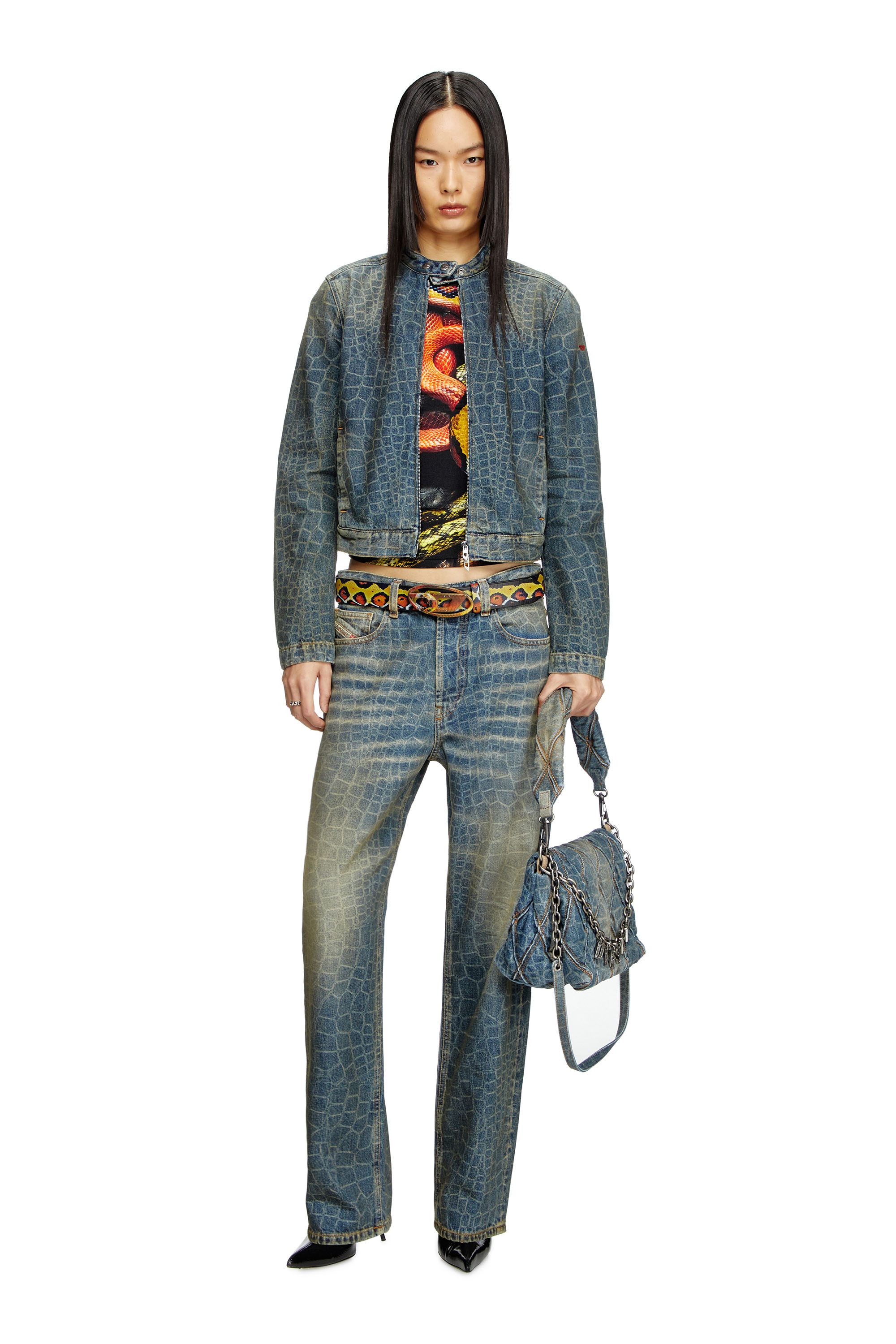 Diesel - CL-DE-MORNIN-SNAKE, Veste biker en denim avec imprimé serpent Femme in Bleu - 2