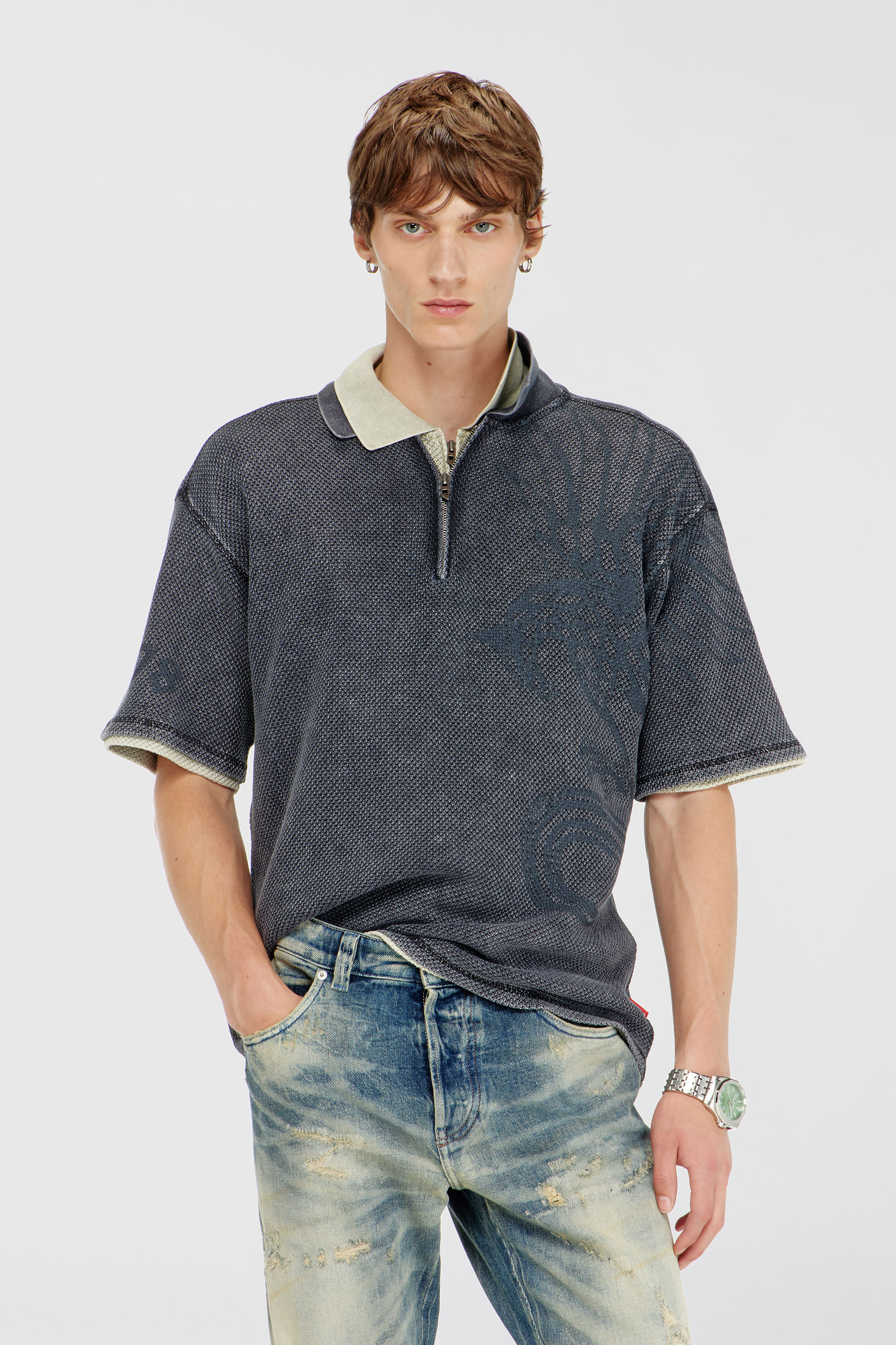 Diesel - T-ERRY-ZIP, Polo en mesh jacquard avec imprim&eacute; Phoenix Homme in Gris - 3